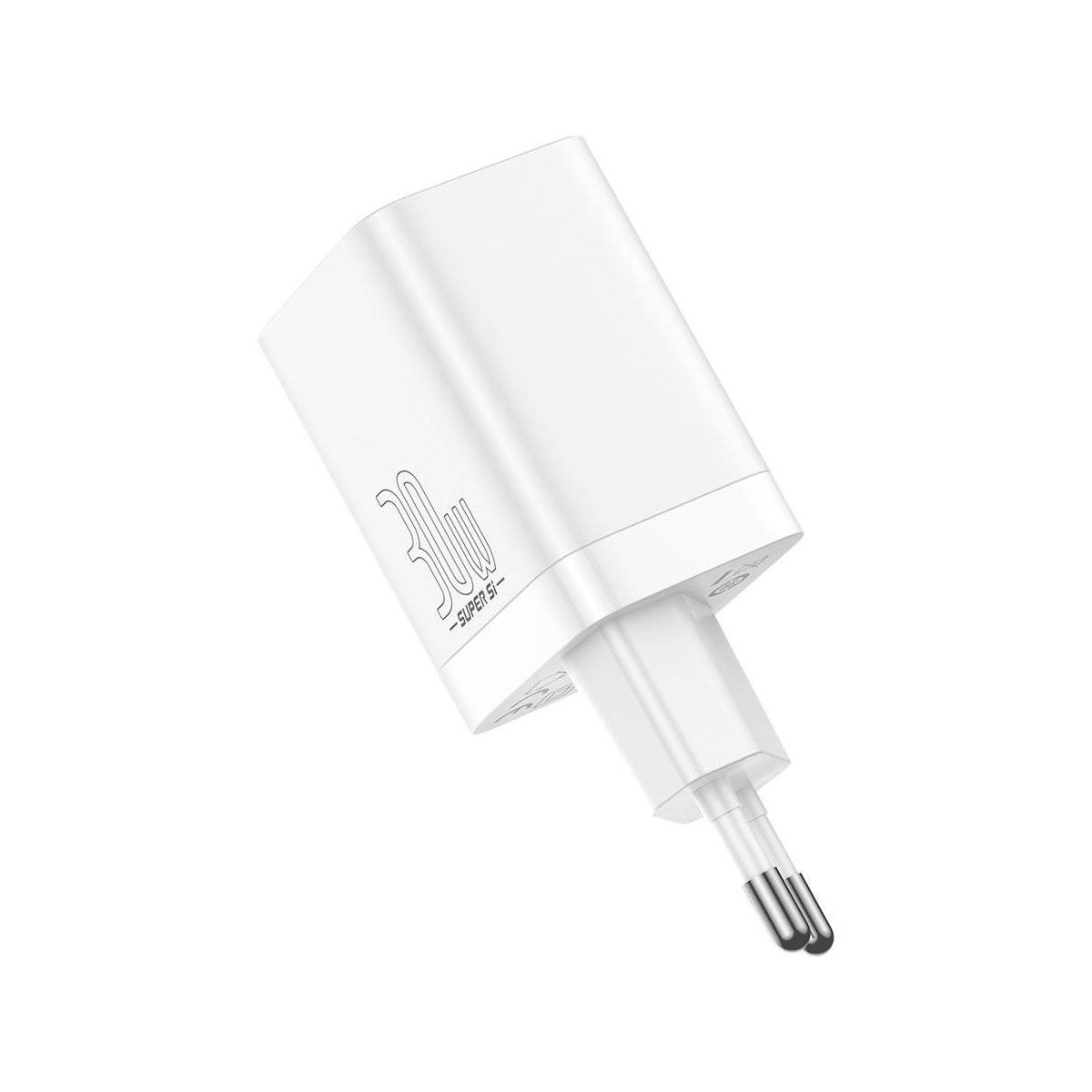 Un cargador blanco de 30W con dos clavijas. Tiene un logotipo que dice '30W - SUPER S-'.