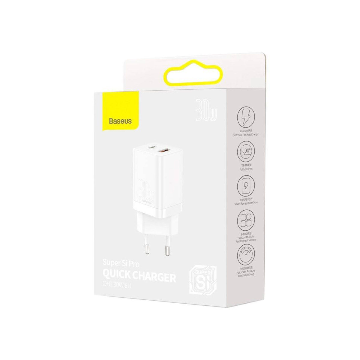 Caja blanca del cargador Baseus con texto 30W, iconos y un cargador blanco. Logotipo amarillo de Baseus visible.