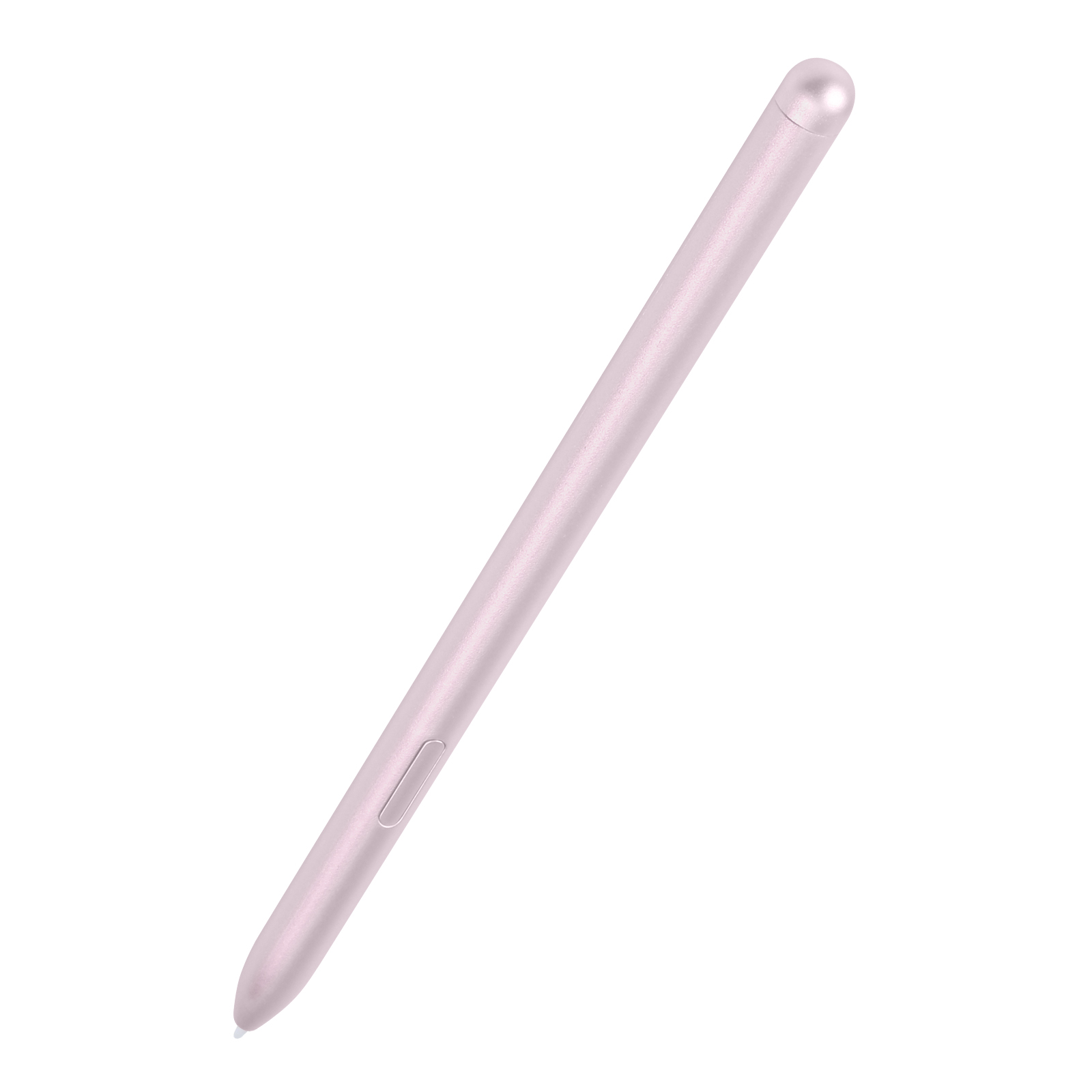 Una penna stilo rosa, leggermente angolata, con un piccolo pulsante laterale, su sfondo bianco.
