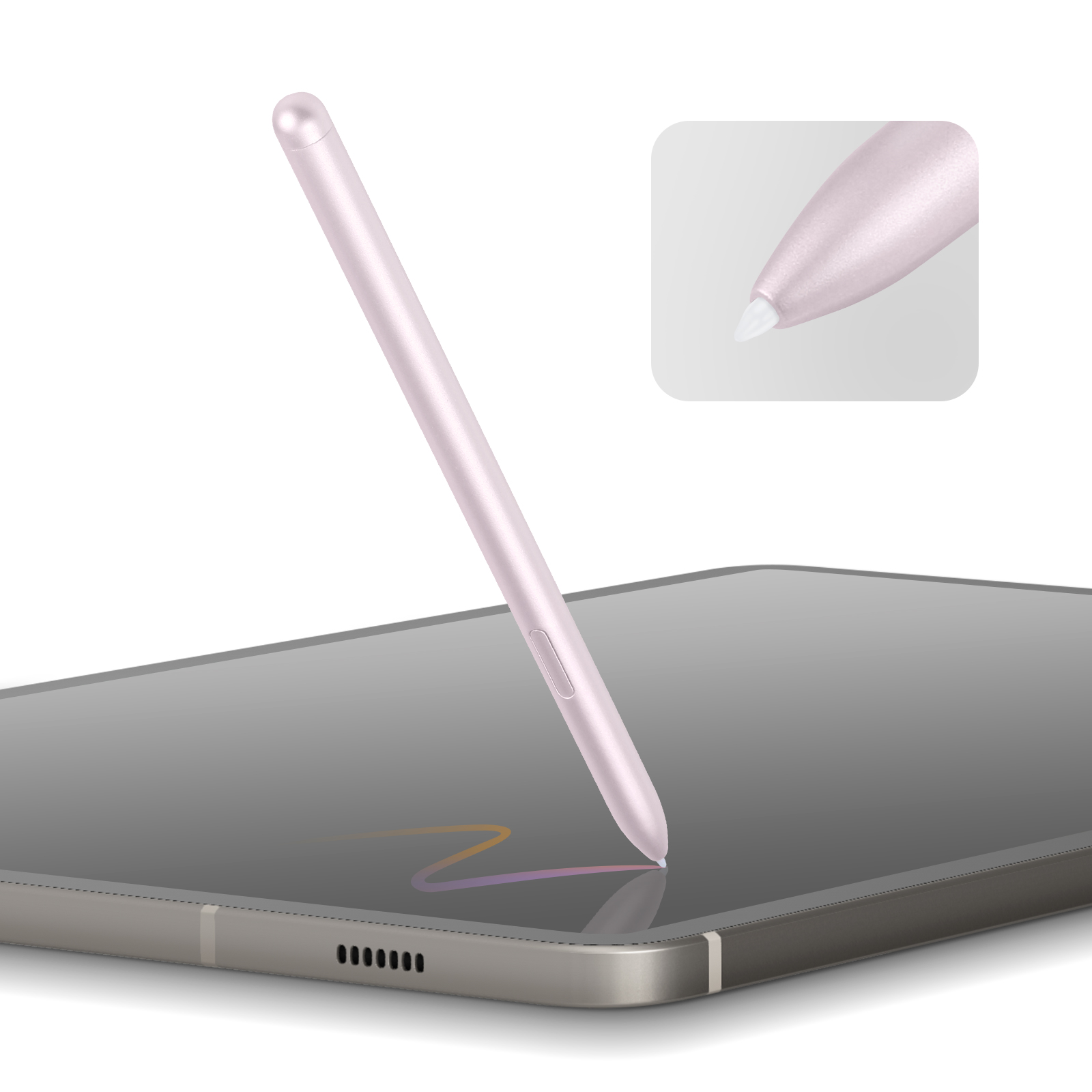 Penna stilo rosa su schermo tablet grigio. Un primo piano della punta è nell'angolo. Sfondo bianco.