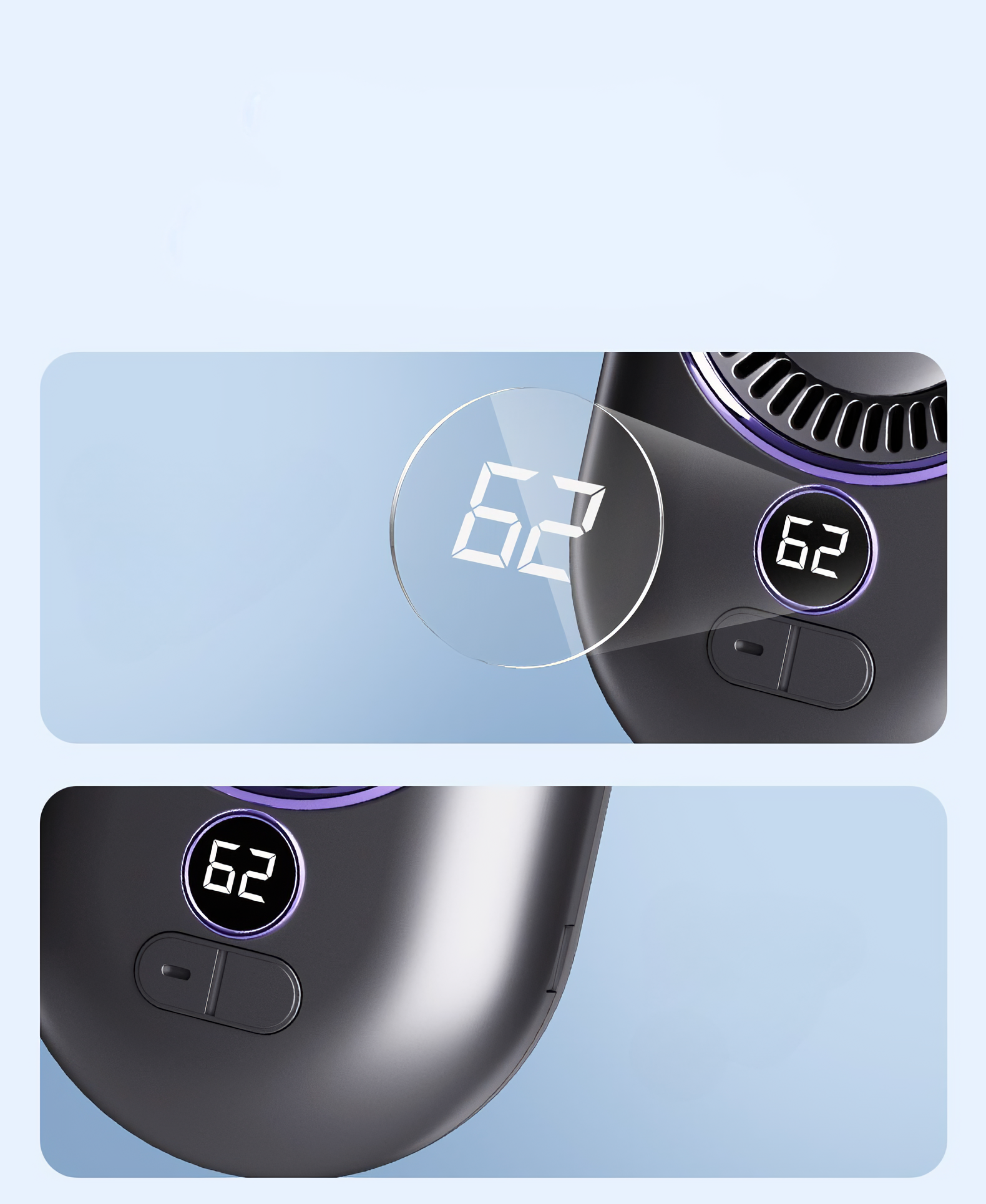 Nahaufnahme eines schwarzen Nackenventilators mit Digitalanzeige '62' und zwei Knöpfen.