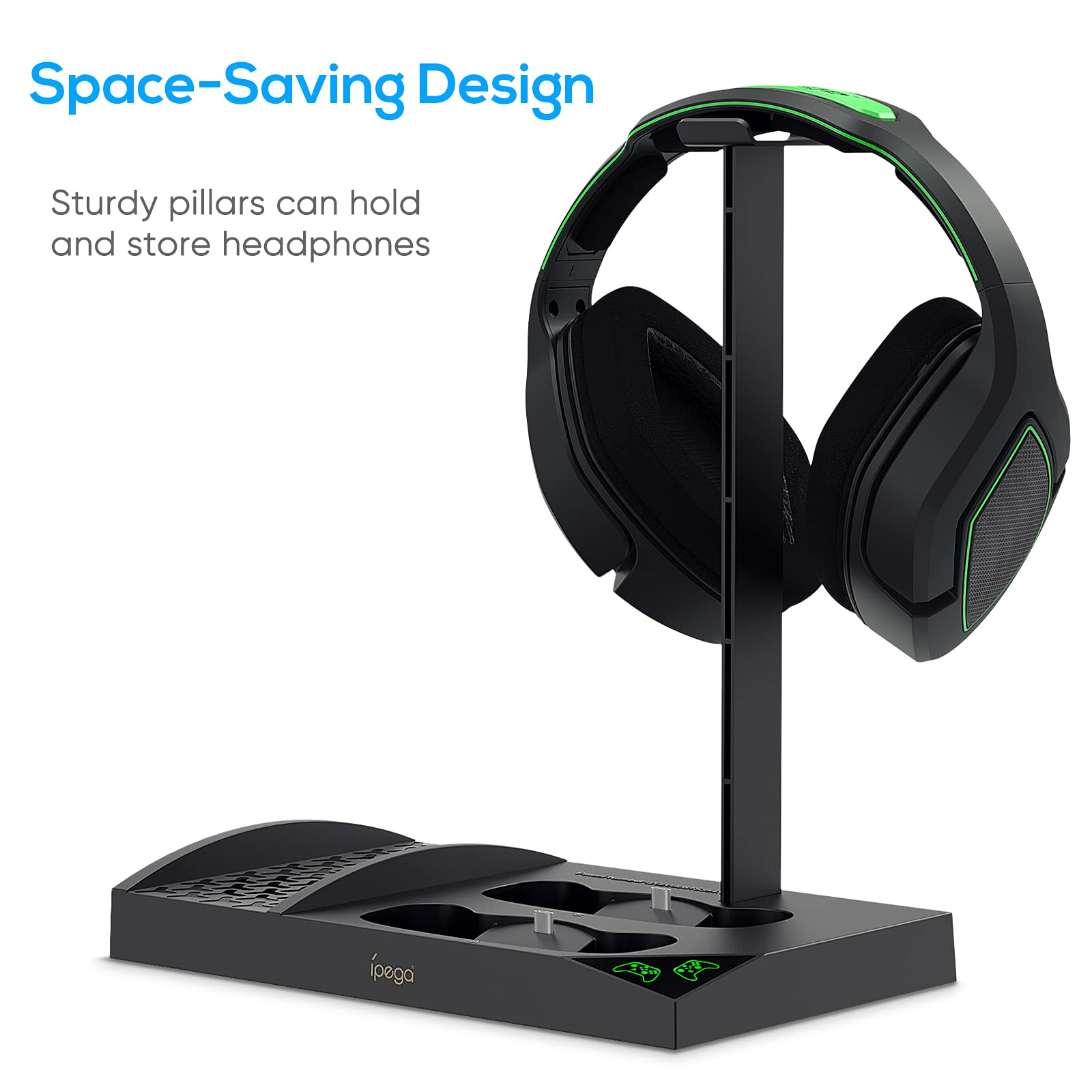 Kopfhörerständer mit einem schwarzen und grünen Gaming-Headset. Die Basis hat Steckplätze für Controller.