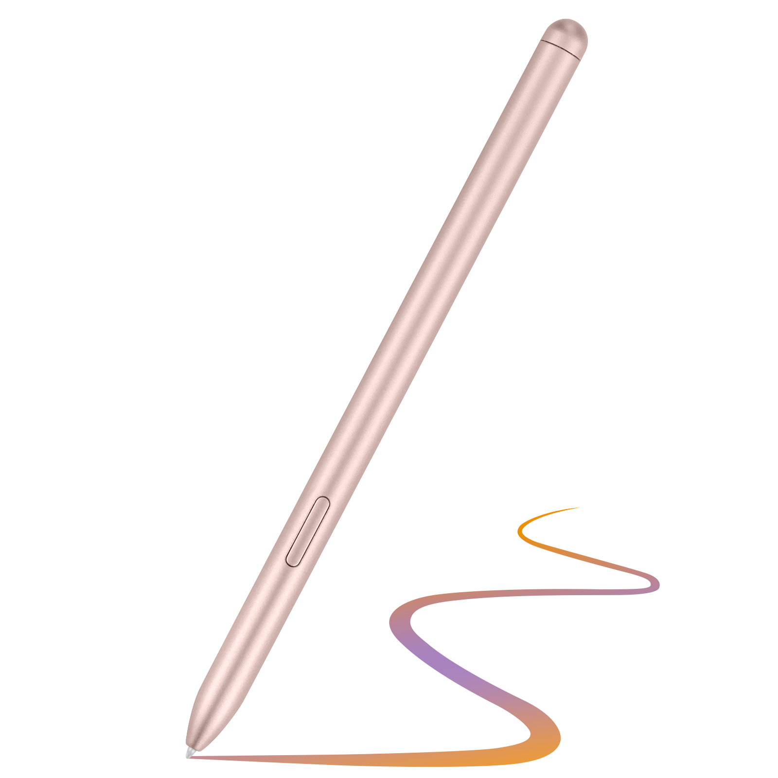 Una penna stilo color oro rosa, angolata su sfondo bianco, con una linea curva disegnata in viola e arancione.