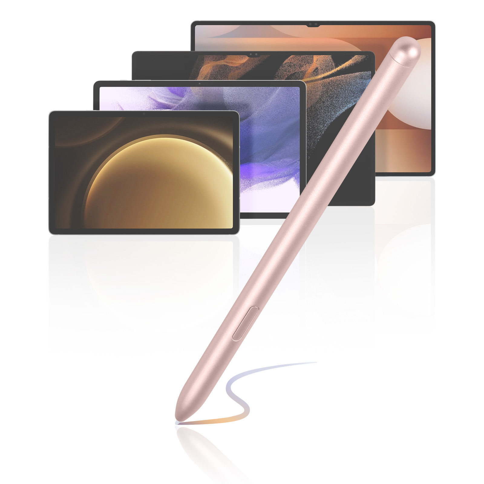 Una penna stilo color oro rosa con tablet sullo sfondo.