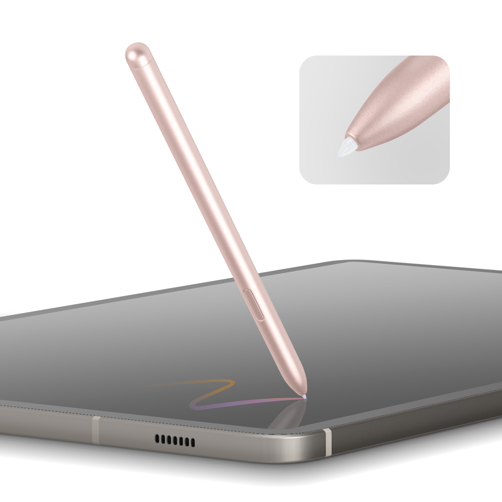 Una penna stilo color oro rosa tocca lo schermo di un tablet. Un piccolo inserto mostra la punta della penna.