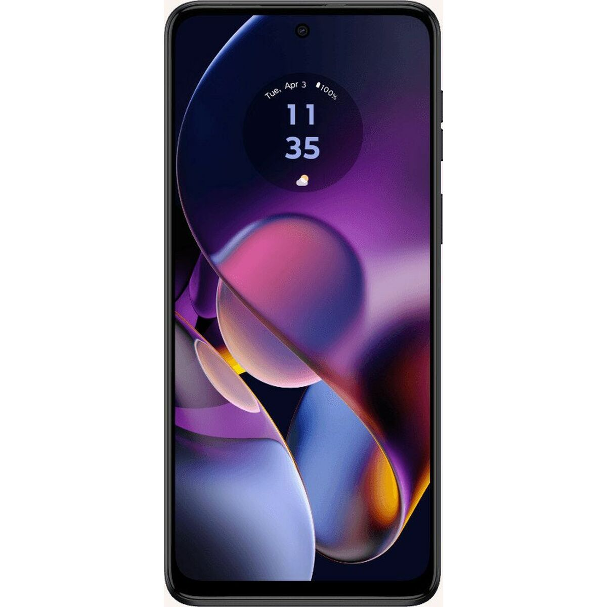 Uno smartphone nero che mostra l'ora, la data e uno sfondo dinamico con vortici viola e blu.