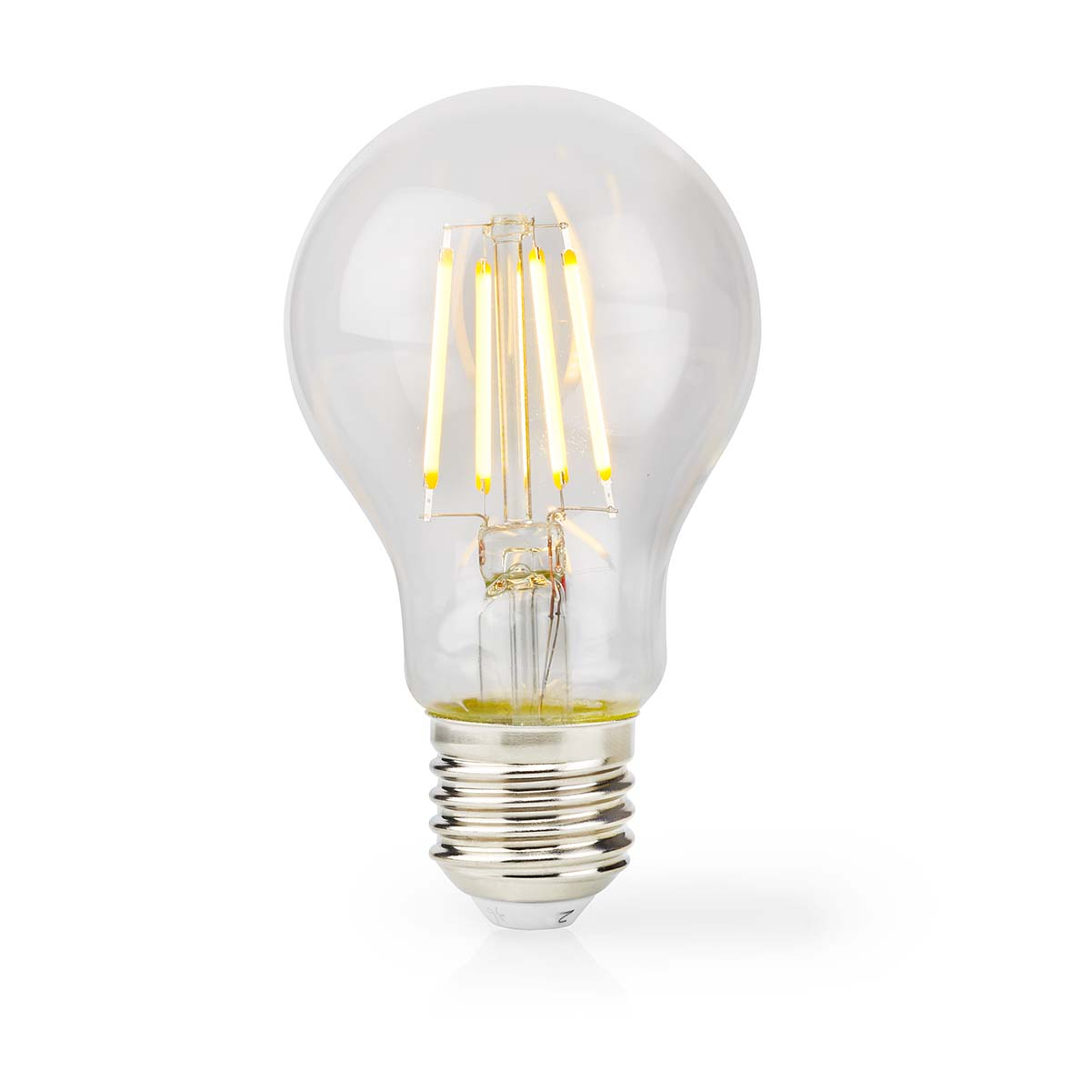 Una bombilla transparente con base plateada y cinco filamentos de luz verticales dentro.