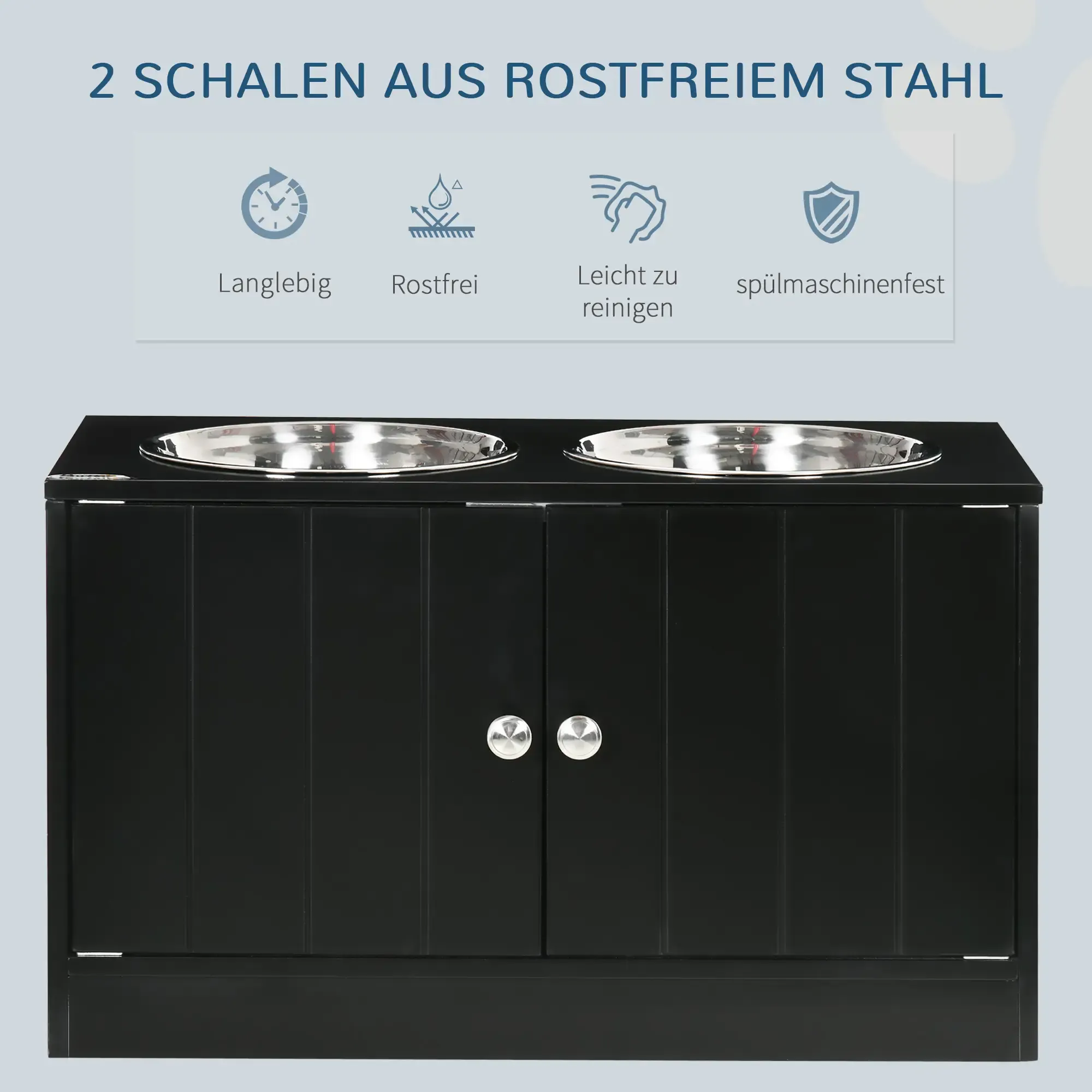 Schwarzer Futter-Schrank mit zwei Edelstahlnäpfen und zwei Türen, mit Symbolen für Eigenschaften.