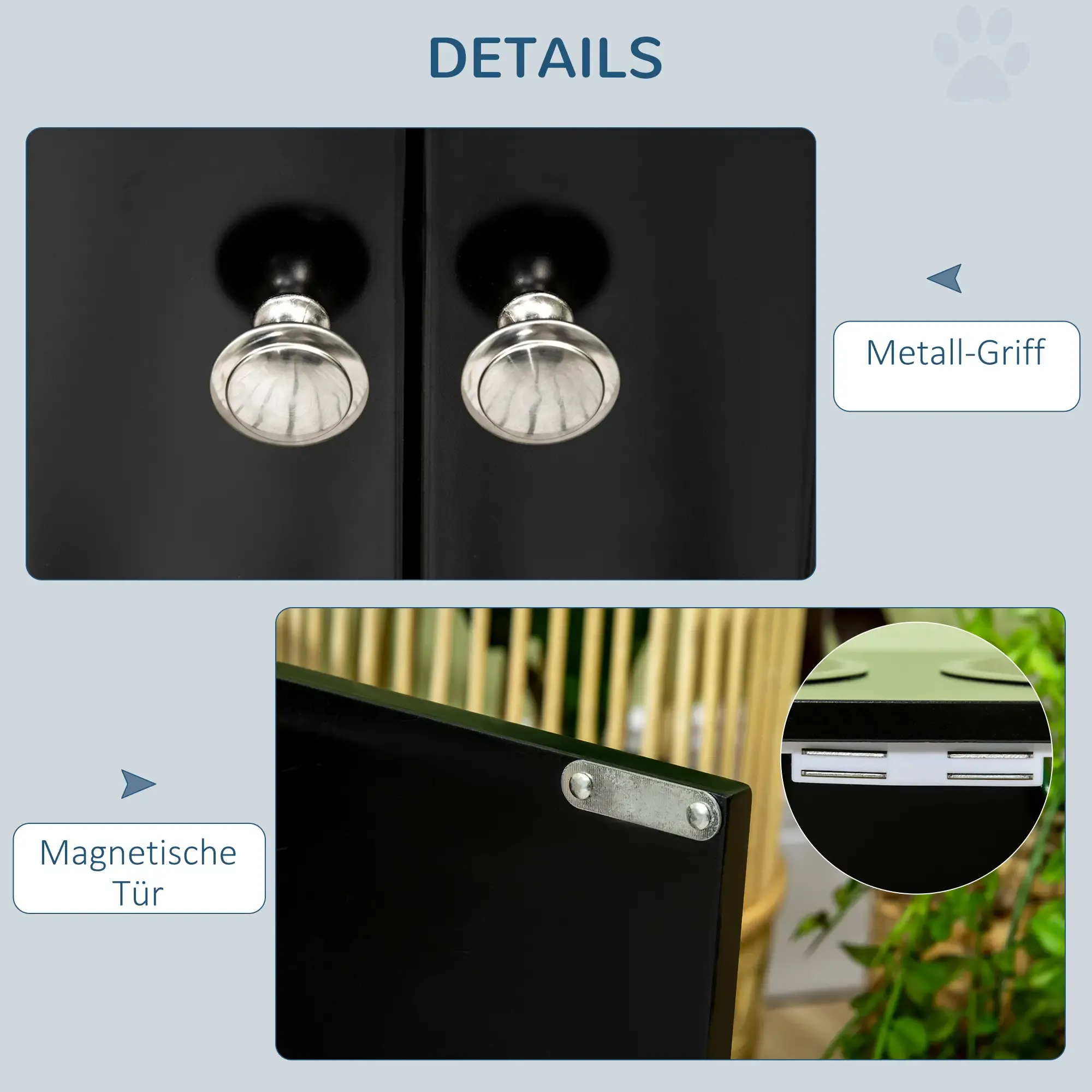 Nahaufnahmen von Details des Futterschranks: Türknöpfe, Magnettür und Eckdetail.