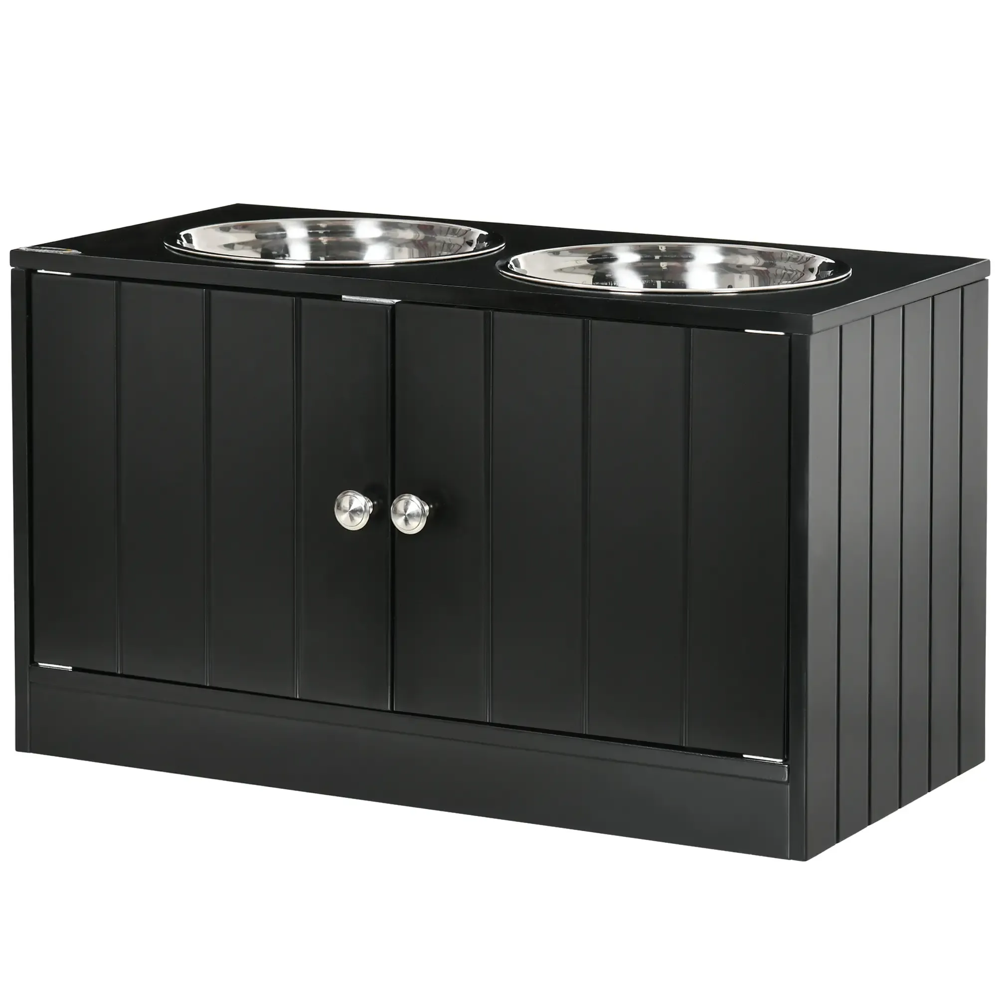 Schwarzer Futternapf mit zwei Edelstahlnäpfen und einem Schrank mit zwei Türen.