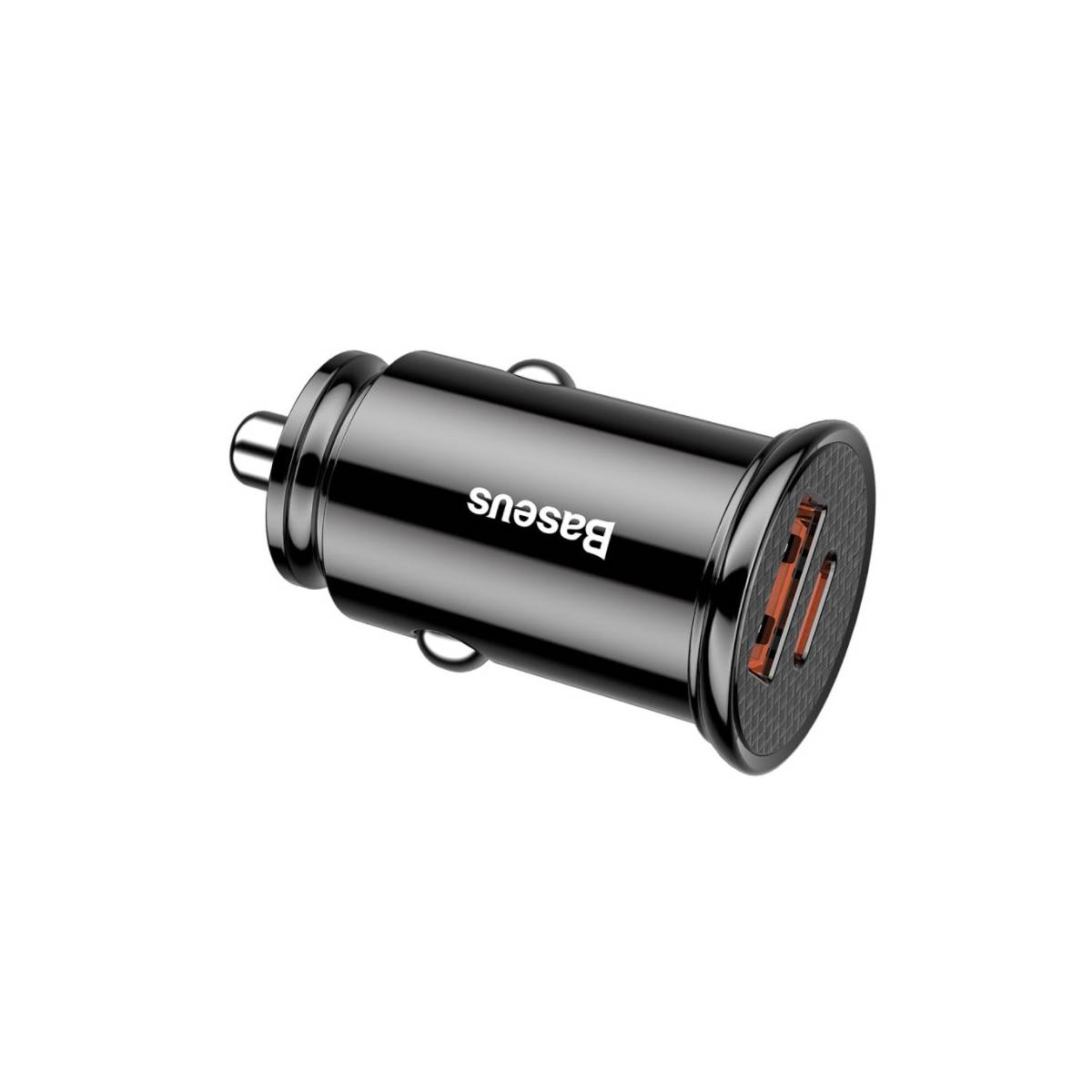 Czarna ładowarka samochodowa z napisem "Baseus".