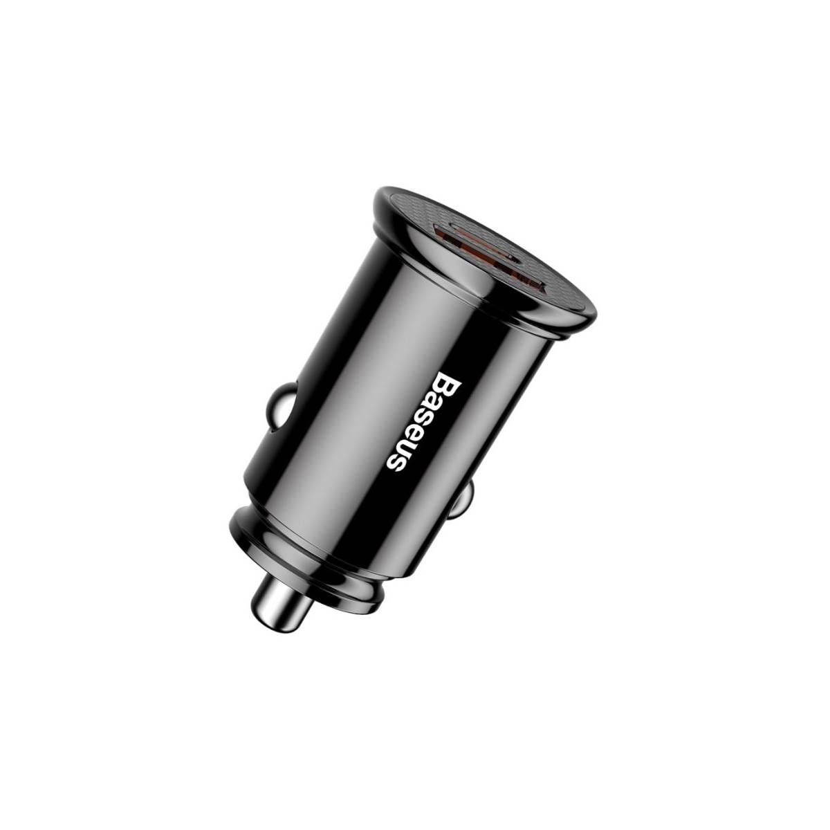 Czarna ładowarka samochodowa pod kątem, z napisem „Baseus” z boku.