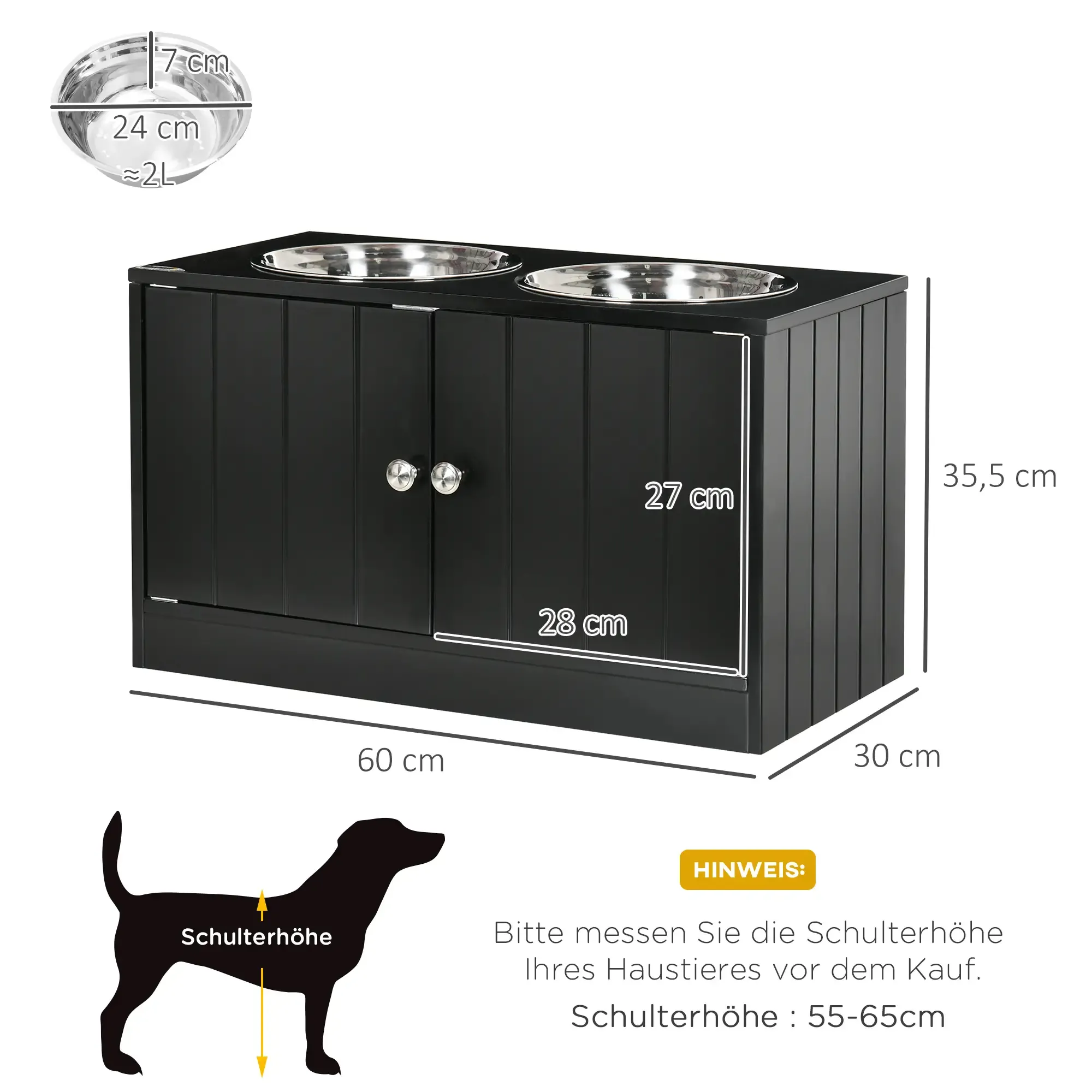 Schwarzer Futterschrank mit zwei Edelstahlnäpfen, Abmessungen und einer Hunde-Silhouette zur Höhenangabe.