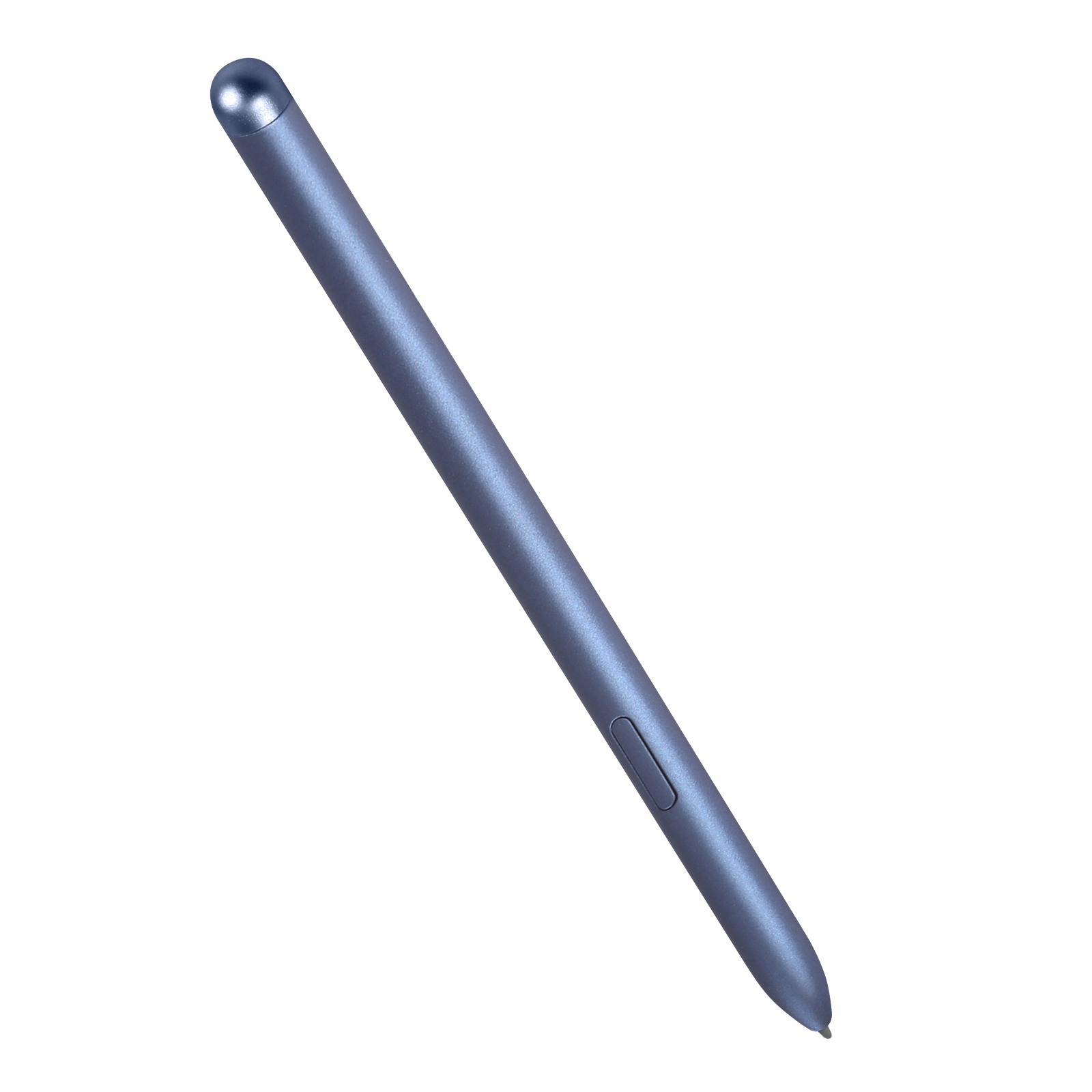 Una penna stilo blu, con un pulsante laterale, isolata su sfondo bianco. La penna è angolata.