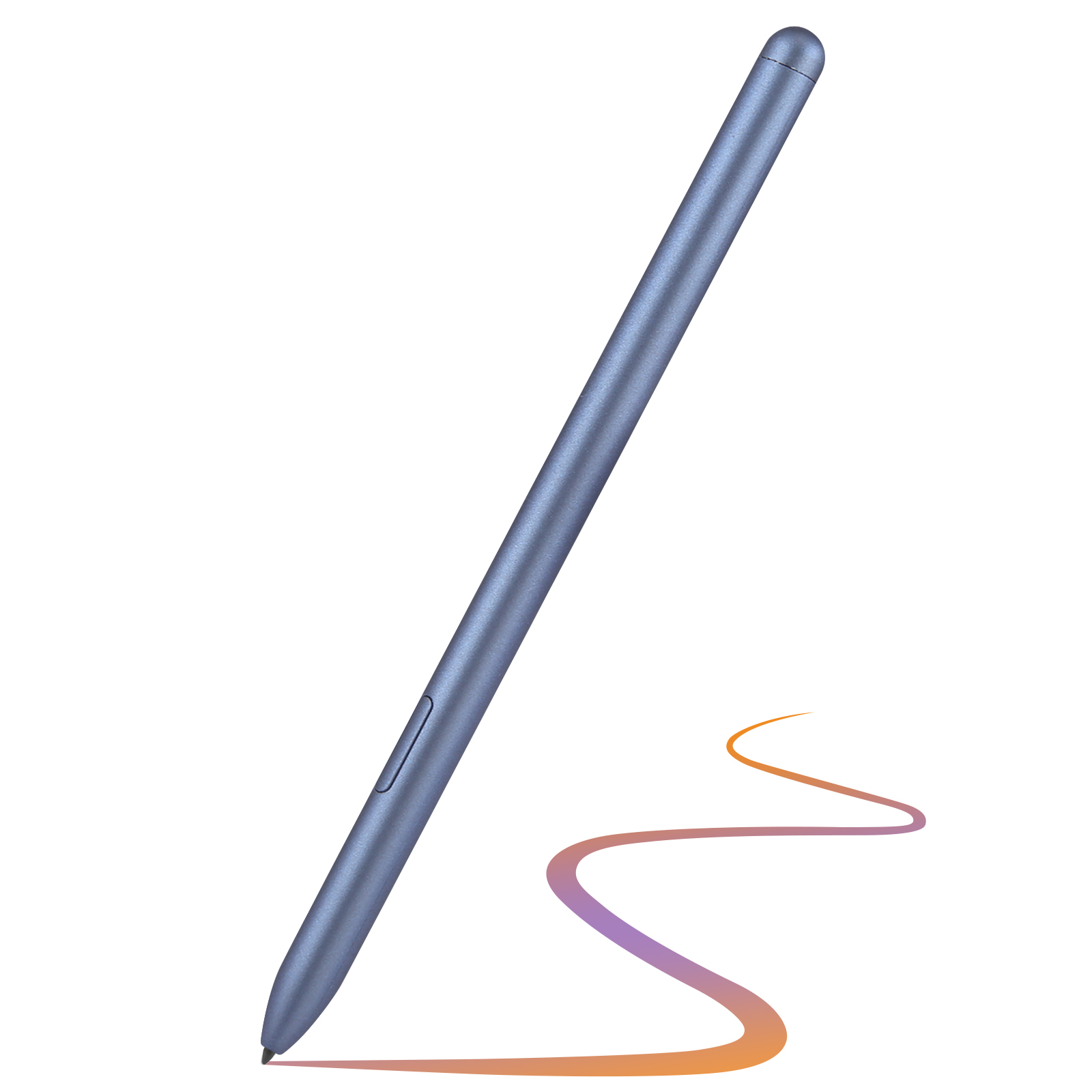 Una penna stilo blu con un pulsante, che disegna una linea curva viola e arancione.