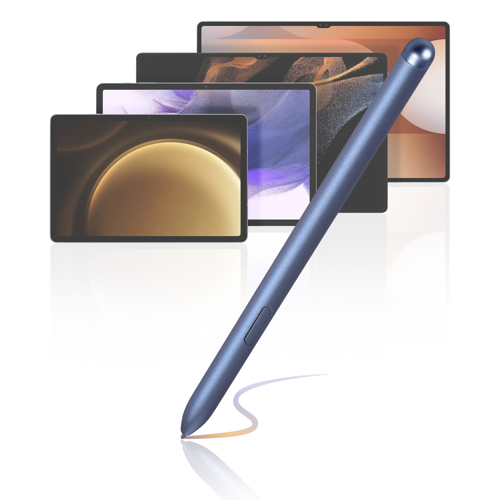 Penna stilo blu con vari tablet sullo sfondo. La penna è angolata e ha un pulsante laterale.