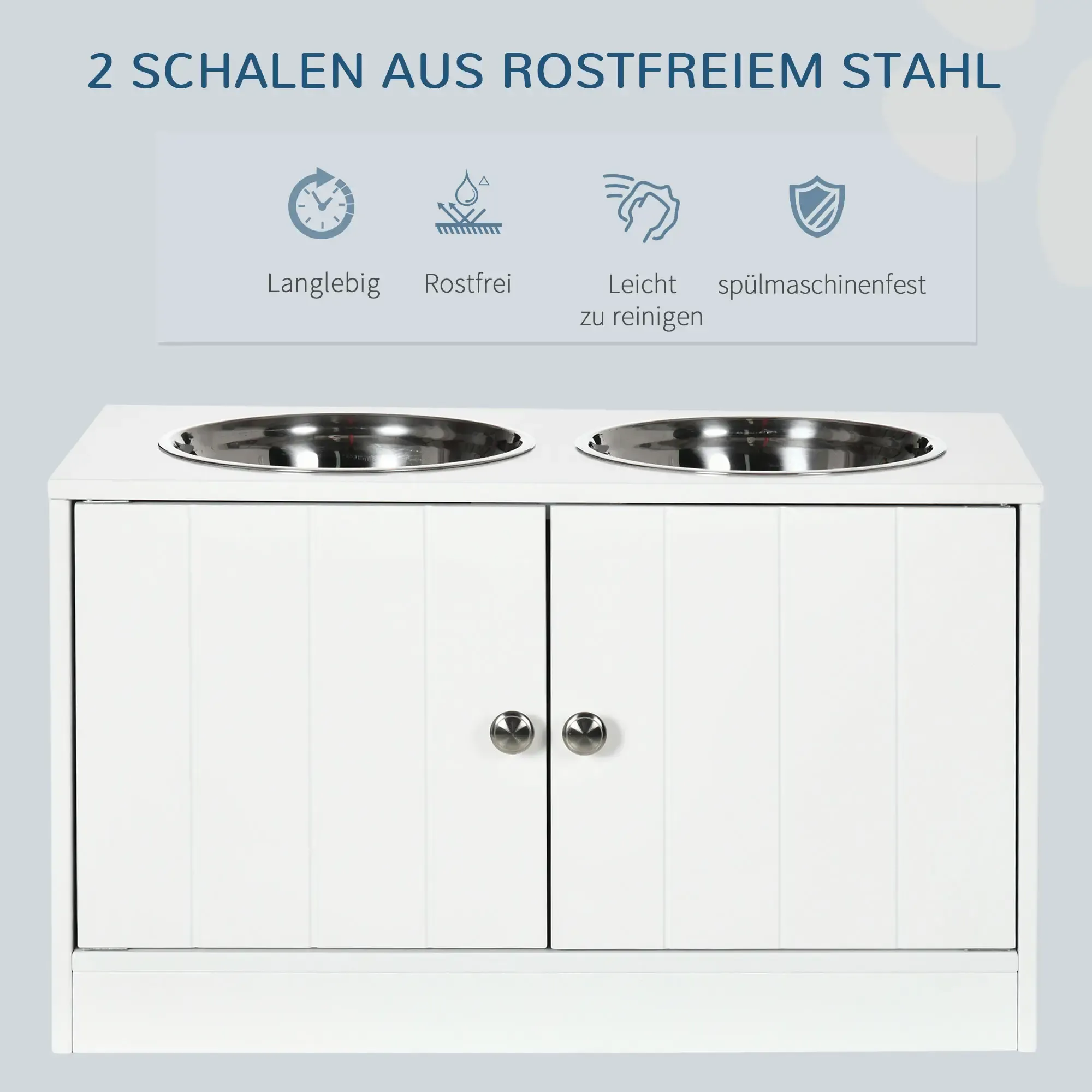 Weißer Futternapf mit zwei Edelstahlnäpfen und Symbolen, die Funktionen anzeigen.