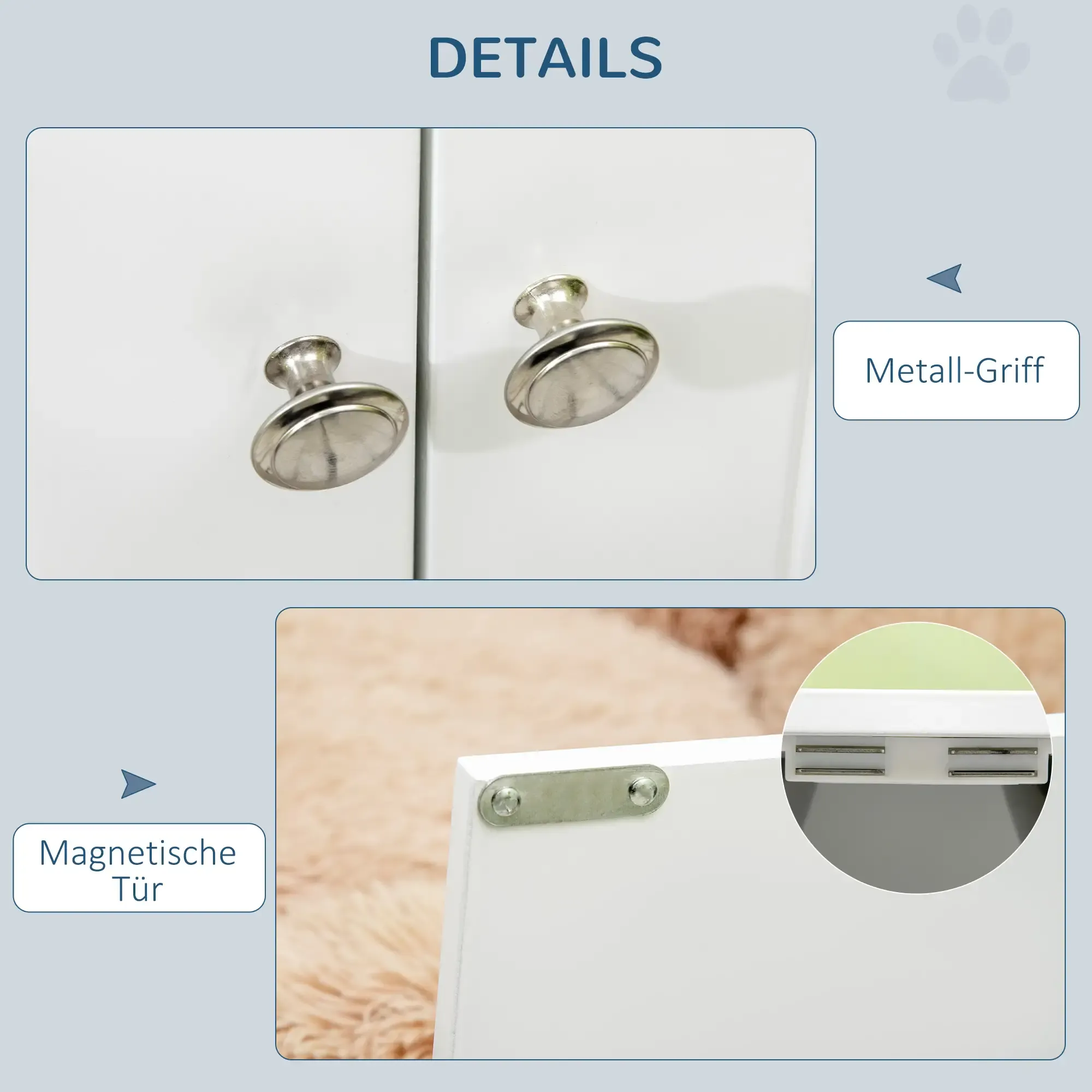 Nahaufnahme-Details eines weißen Schranks, die Metallgriffe und einen Magnettürverschluss zeigen.