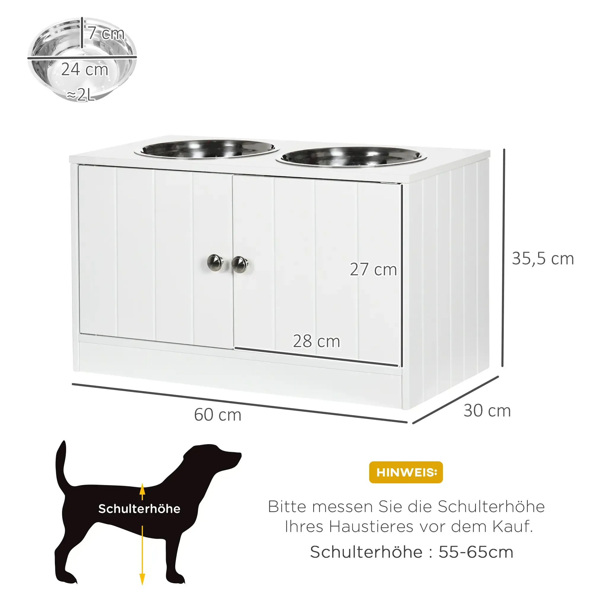 Weißer Schrank mit zwei Schalen, Maßen und einer Hundesilhouette, die die Höhe angibt.