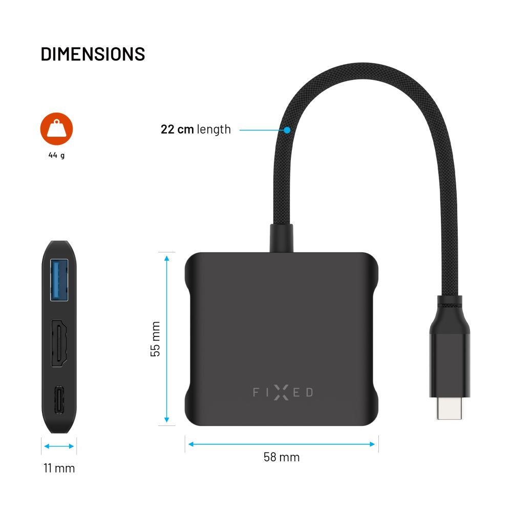 Ein schwarzer USB-C-Hub mit Anschlüssen, Abmessungen und Gewicht. Der Hub hat einen USB-Anschluss, einen HDMI-Anschluss und einen USB-C-Anschluss.