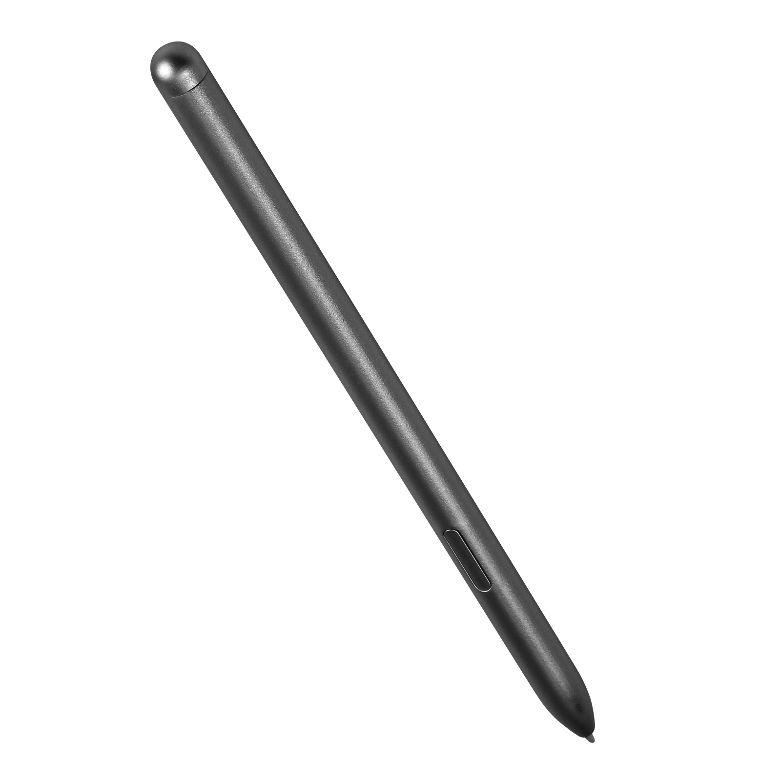 Una penna stilo grigio scuro su sfondo bianco. È elegante e ha un pulsante laterale.
