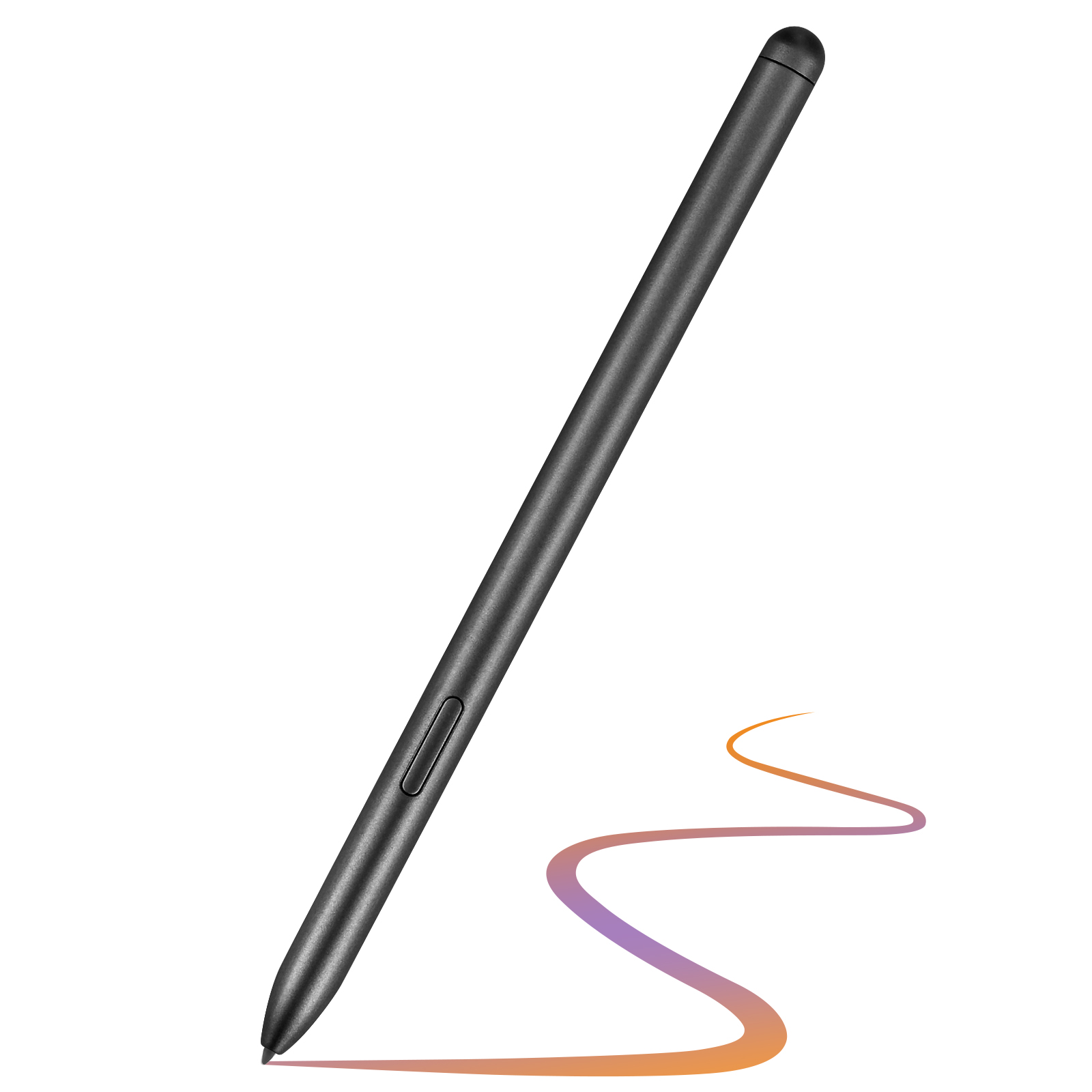 Una penna stilo nera su sfondo bianco. Una linea curva colorata emana dalla punta.