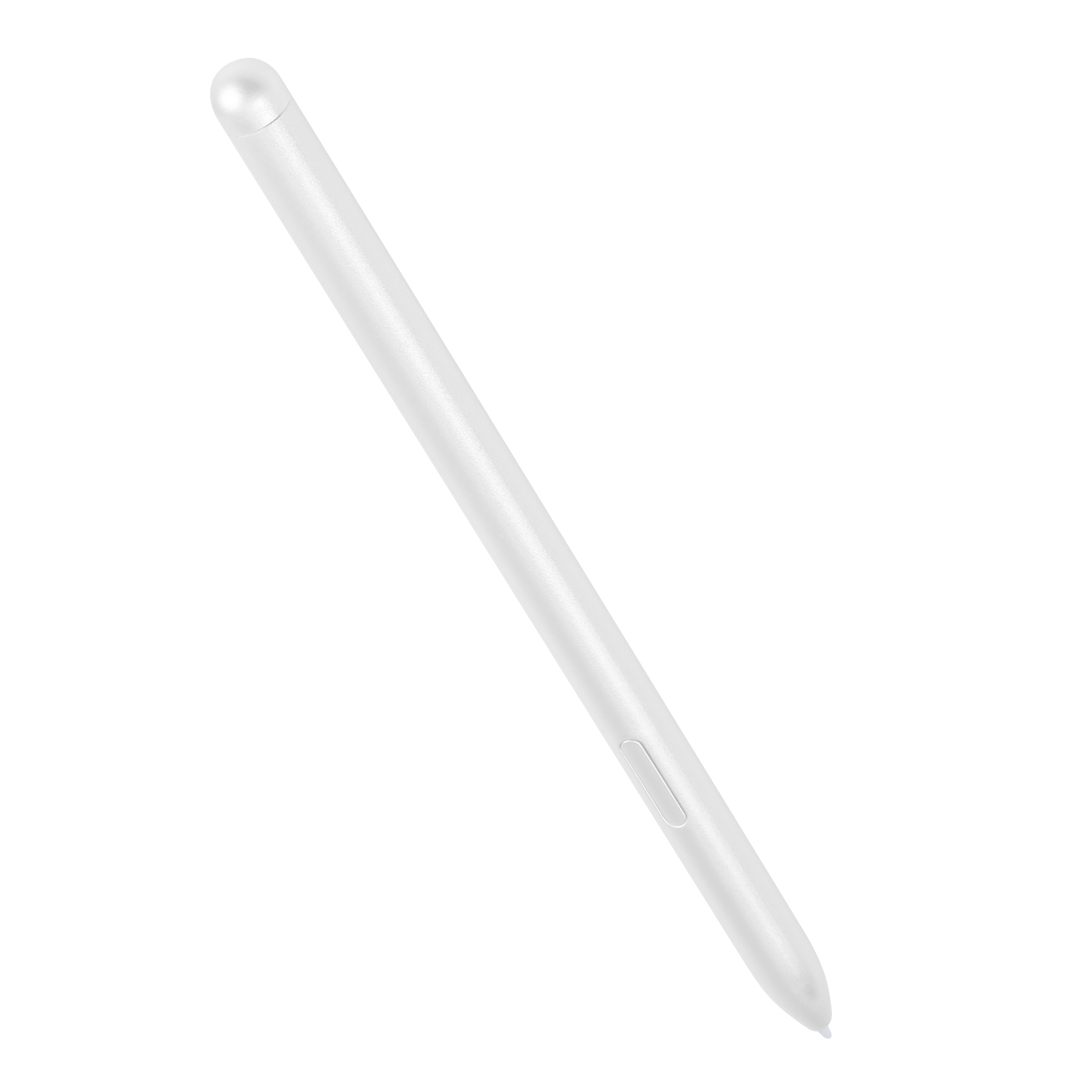 Una penna stilo bianca su sfondo bianco. È elegante e ha un pulsante laterale.