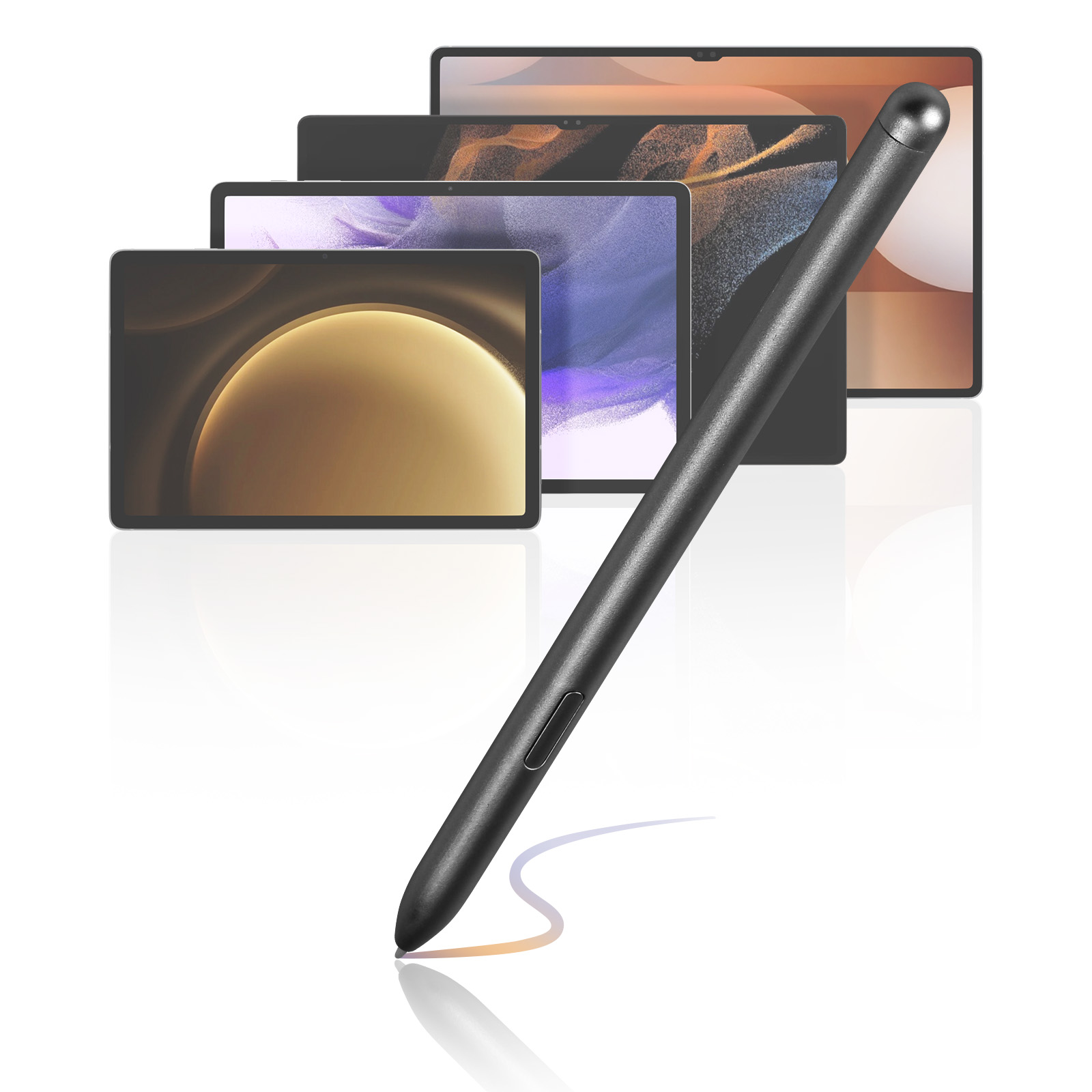 Una penna stilo grigio scuro con tablet sullo sfondo. La penna è in primo piano.
