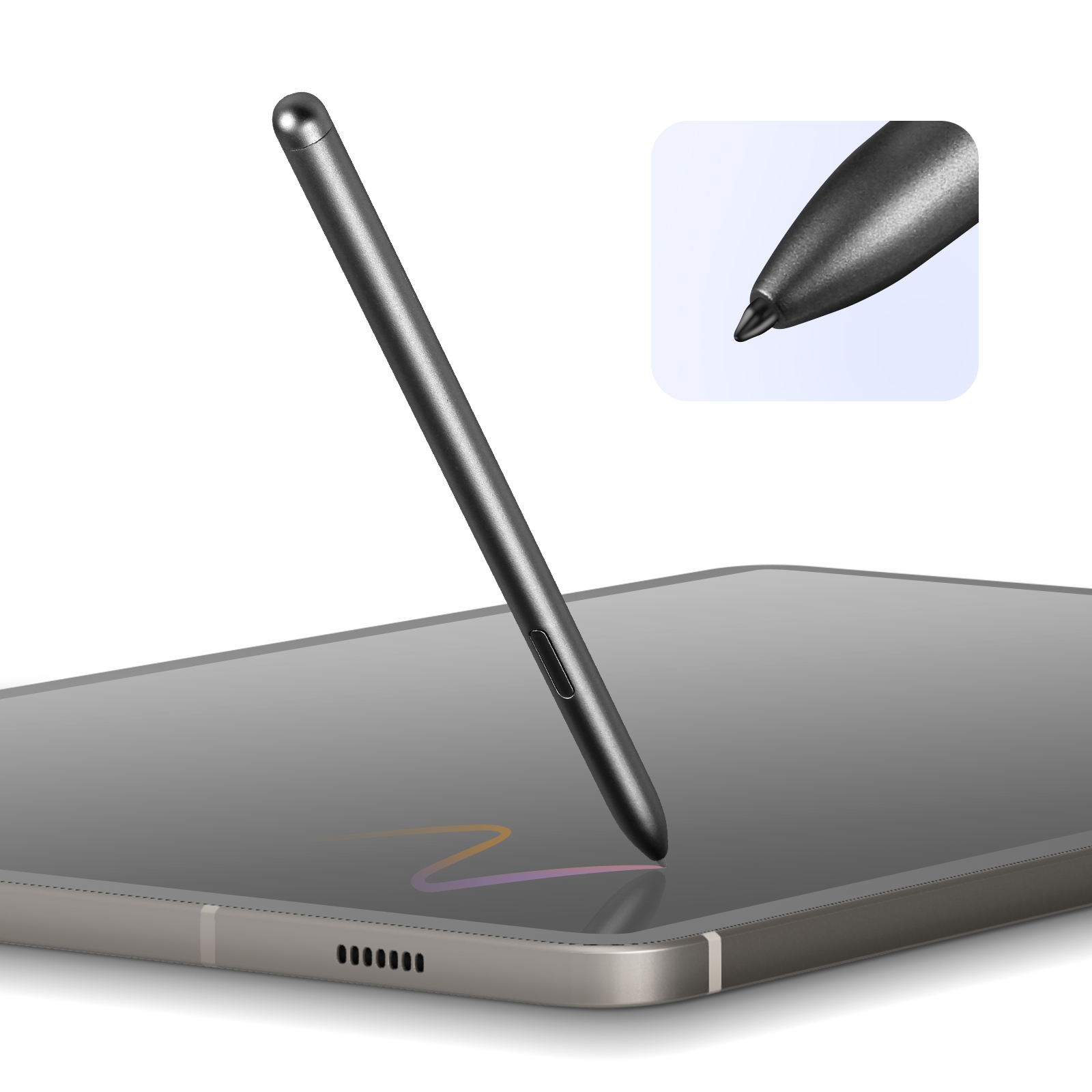 Una penna stilo nera sullo schermo di un tablet. La penna è angolata e viene disegnata una linea colorata.