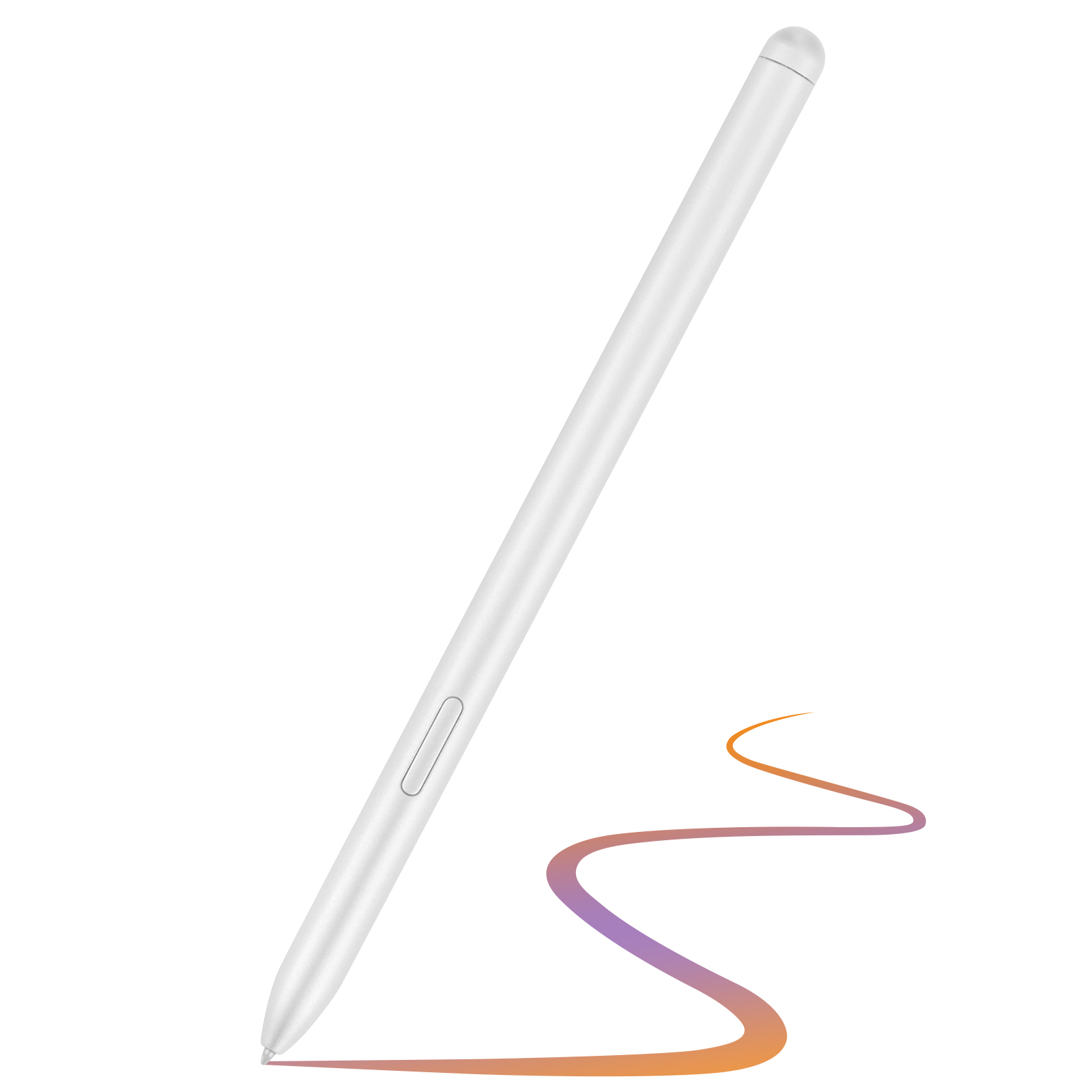 Una penna stilo bianca con un tratto arancione e viola su sfondo bianco.