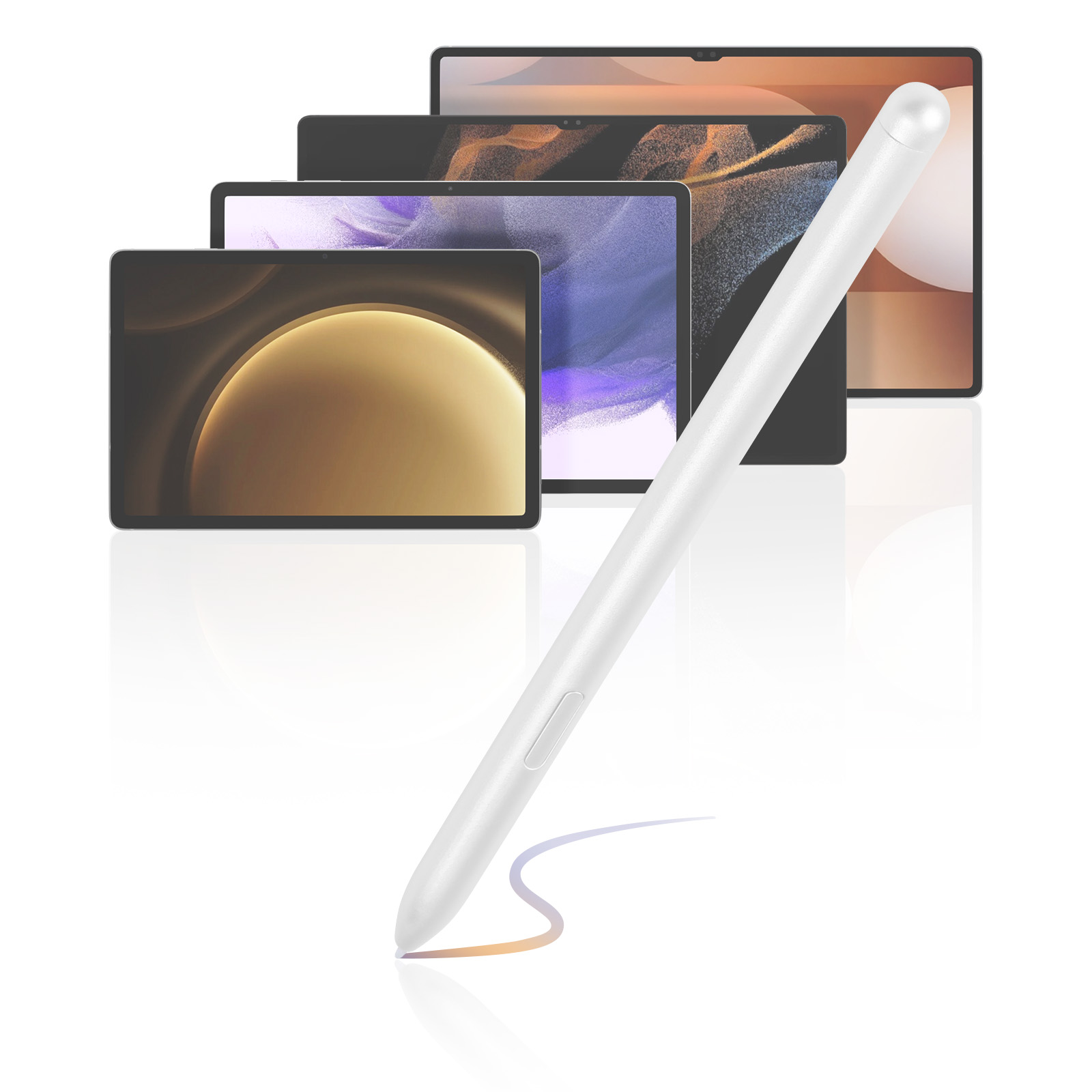 Una penna stilo bianca è davanti a quattro tablet. Tablet di diverse dimensioni e colori.