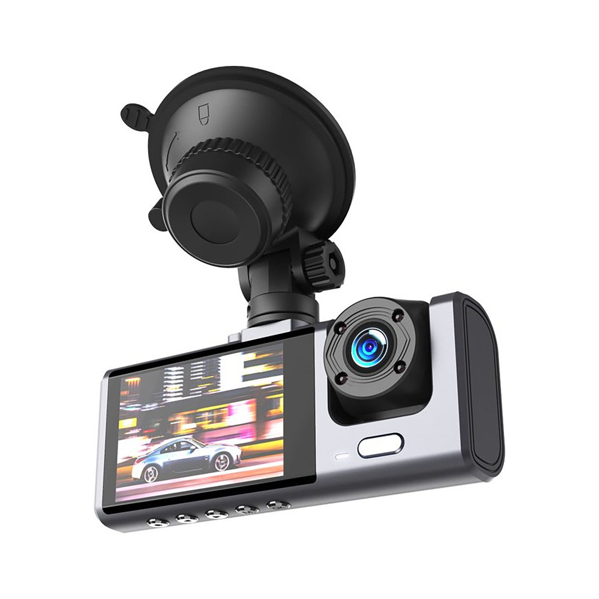 Eine Dashcam mit einem Bildschirm, der ein Auto zeigt, das auf einer Stadtstraße fährt. Ein Saugnapf ist angebracht.
