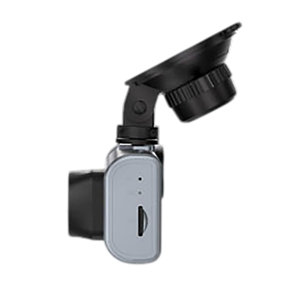 Eine Dashcam, Seitenansicht, mit Saugnapf. Der Bildschirm ist nicht sichtbar.