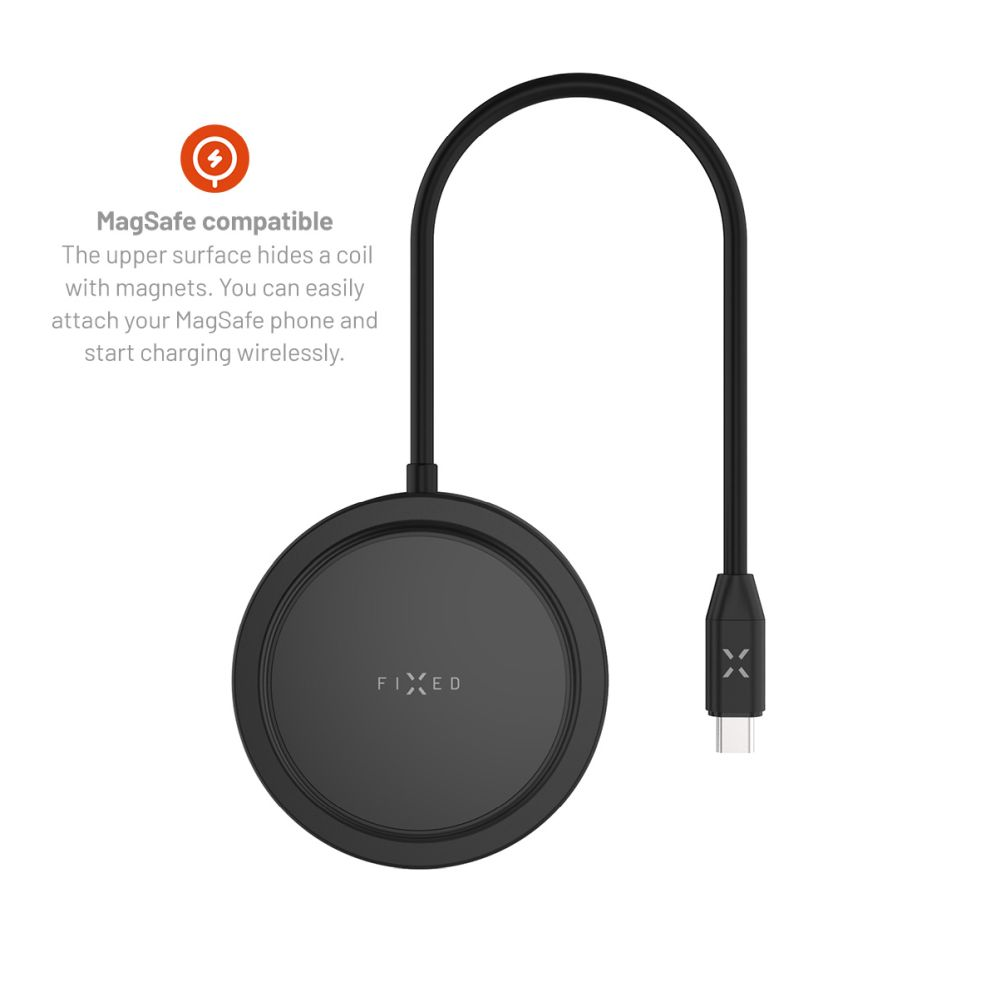 Ein schwarzes kabelloses Ladegerät mit einem kurzen USB-C-Kabel für MagSafe-kompatible Geräte.