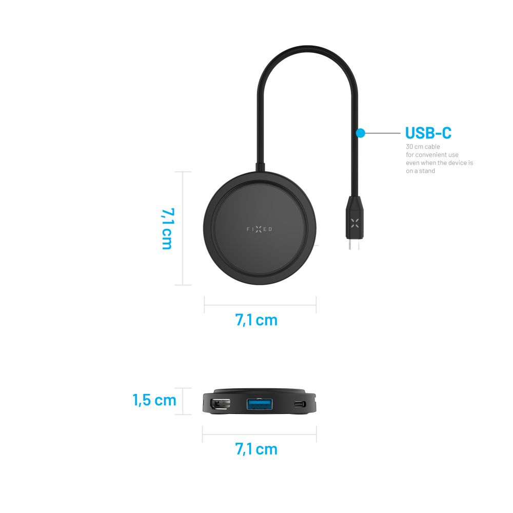 Schwarzes Ladepad mit USB-C-Kabel und Abmessungen auf weißem Hintergrund.