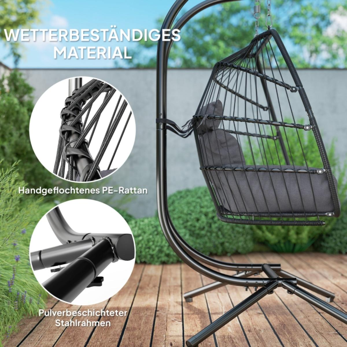 Nahaufnahme mit Details eines hängenden Schaukelstuhls.