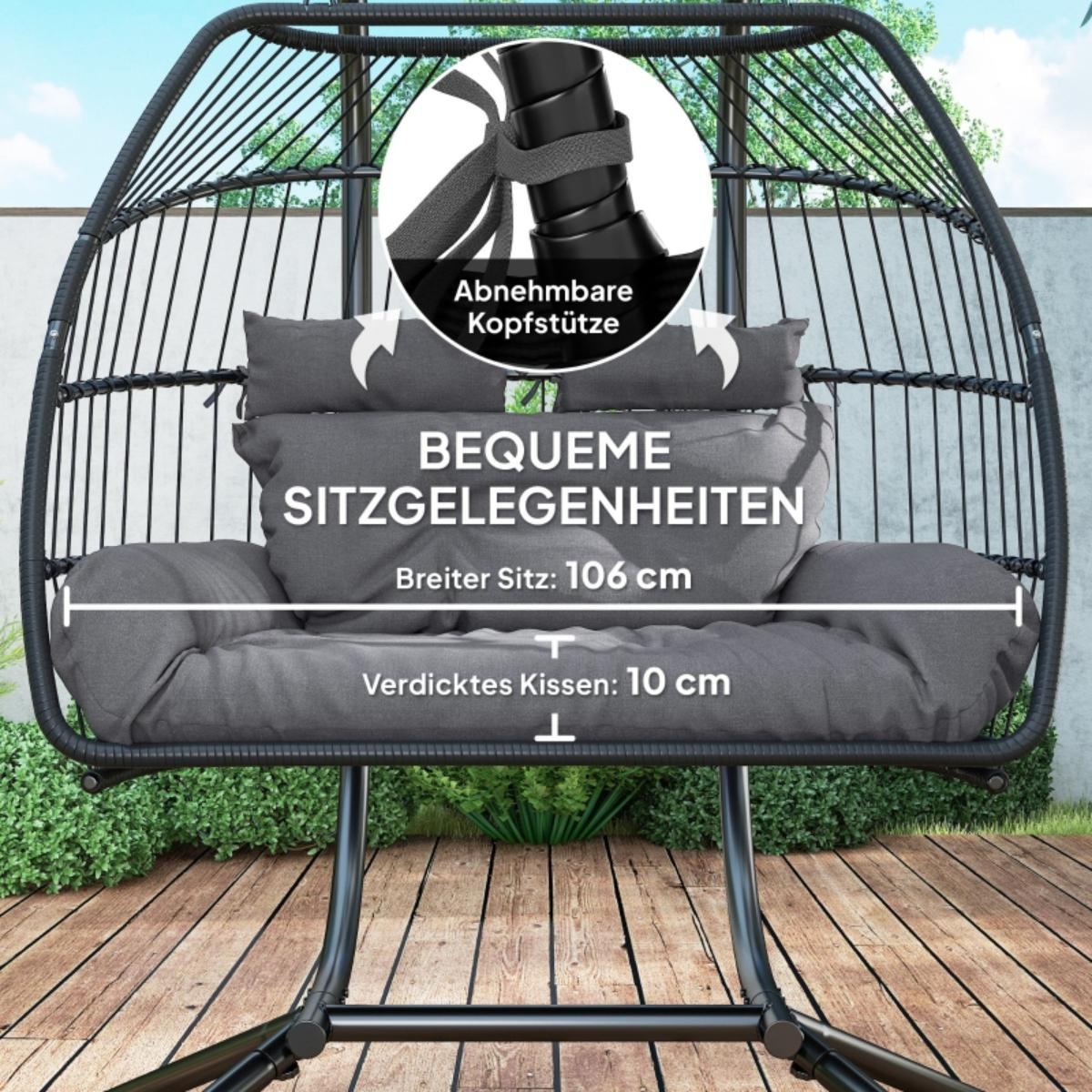 Outdoor-Ei-Stuhl mit grauen Kissen. Text weist auf bequeme Sitzgelegenheiten und Abmessungen hin.