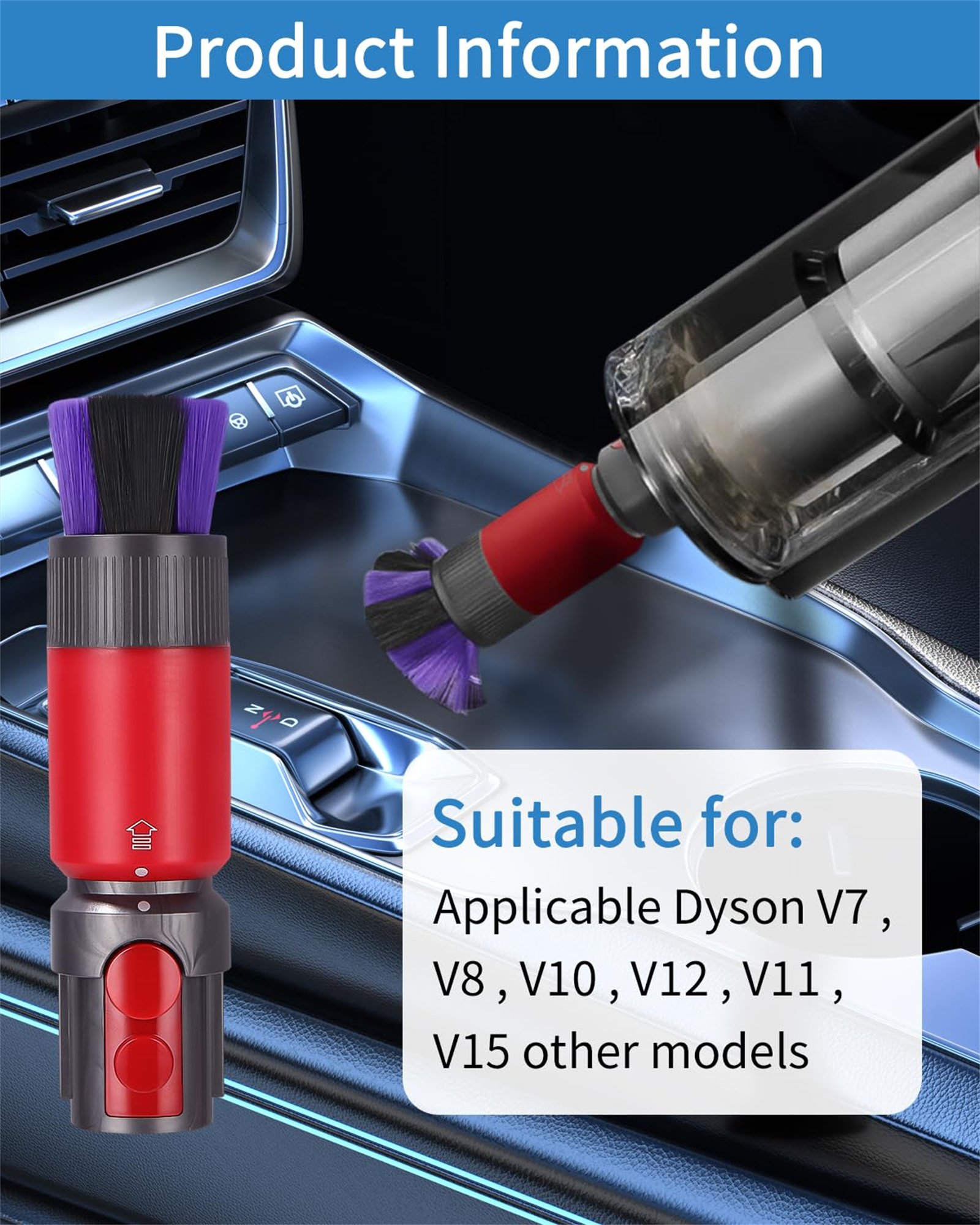 Ein roter und schwarzer Dyson-Staubsaugeraufsatz mit zwei Bürstenköpfen wird gezeigt. Der Text besagt, dass er für verschiedene Modelle geeignet ist.