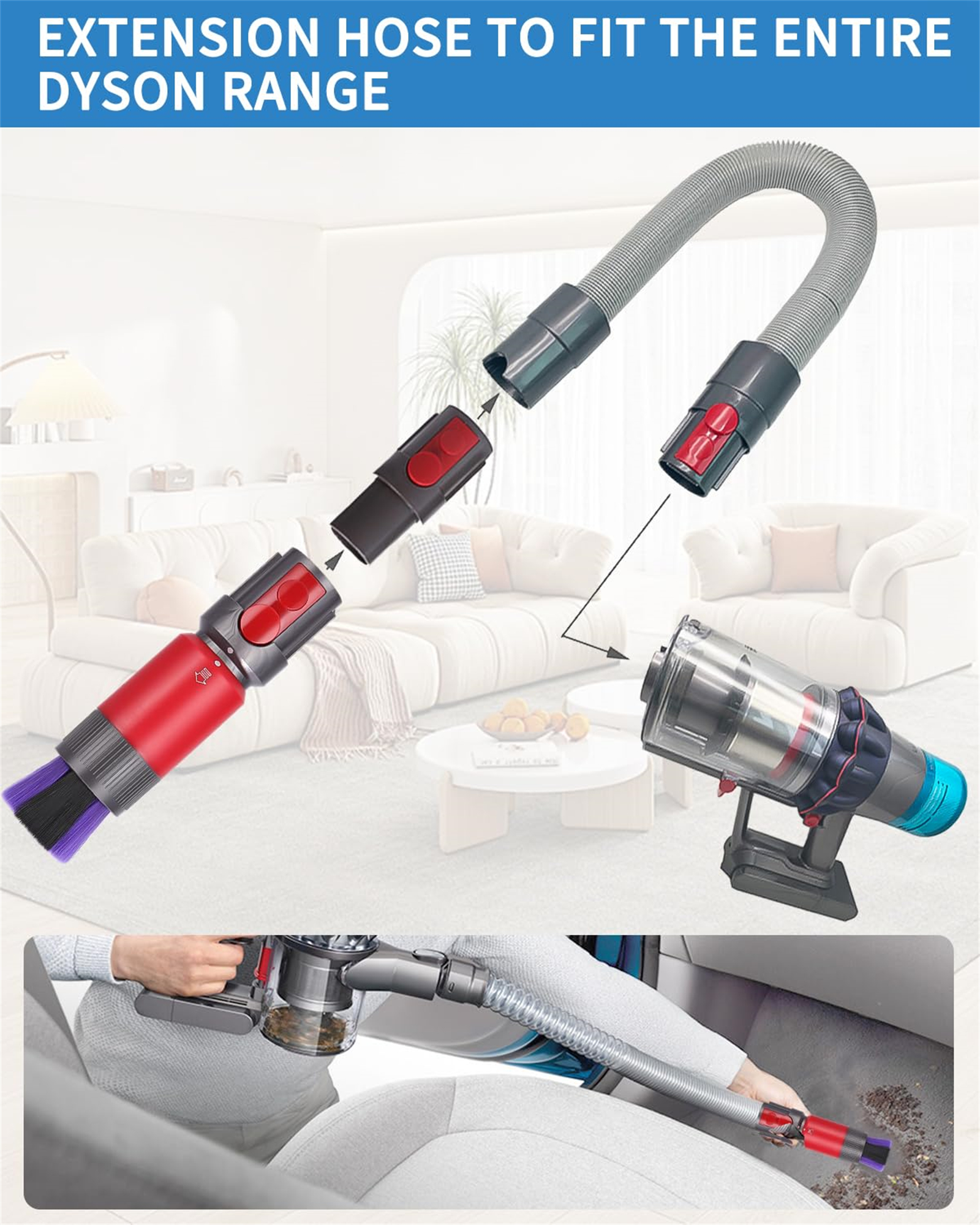 Staubsaugeraufsätze. Grauer, flexibler Schlauch, verbunden mit roten und schwarzen Staubsaugerteilen.