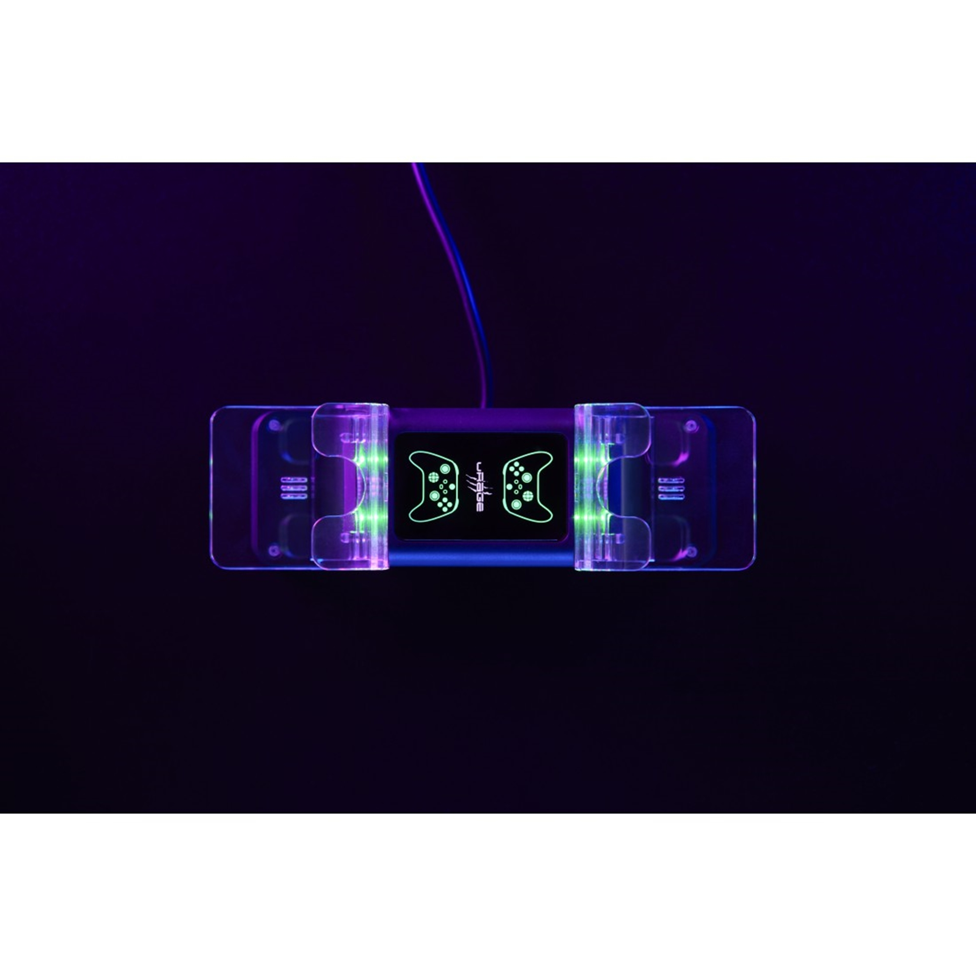 Eine Gaming-Controller-Ladestation mit einem Controller, beleuchtet von neonfarbenen Lila- und Grüntönen.