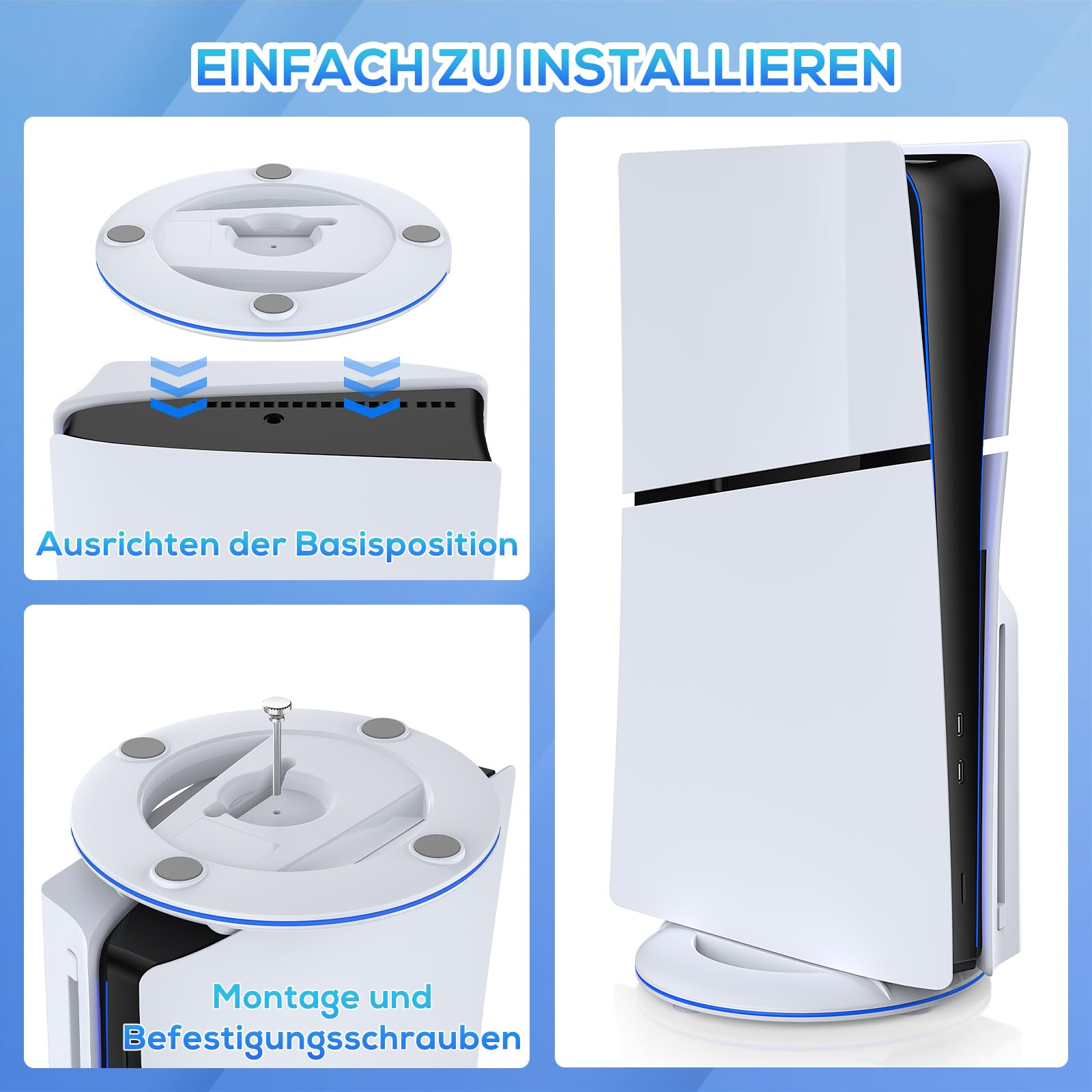 Bilder zeigen, wie man den PS5-Ständer installiert. Konsole und Ständer mit Textüberlagerungen.