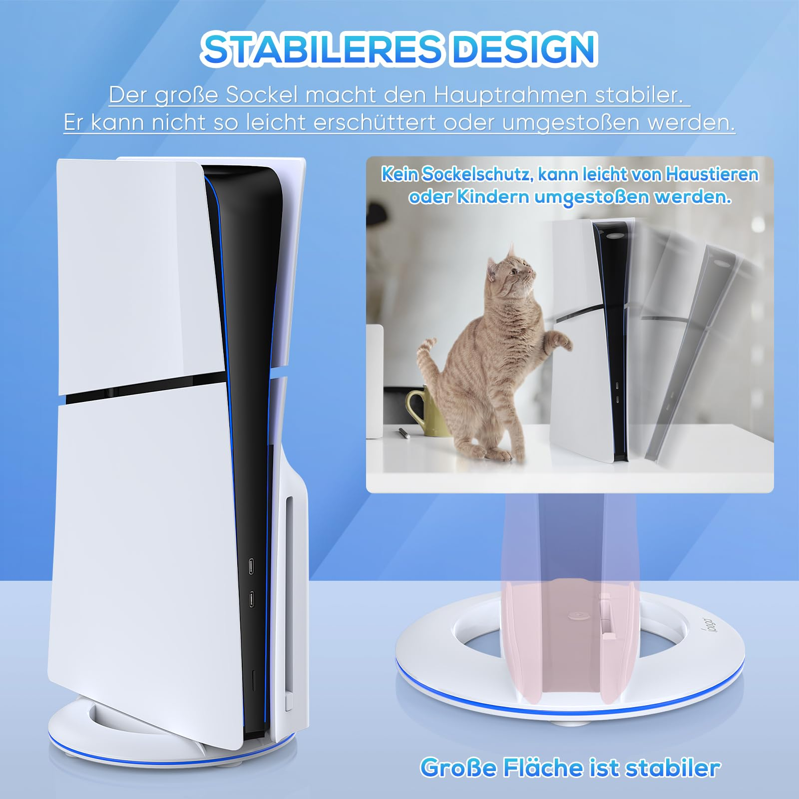 PS5-Konsole mit Ständer. Text zeigt, dass das Ständerdesign die Konsole stabiler macht.