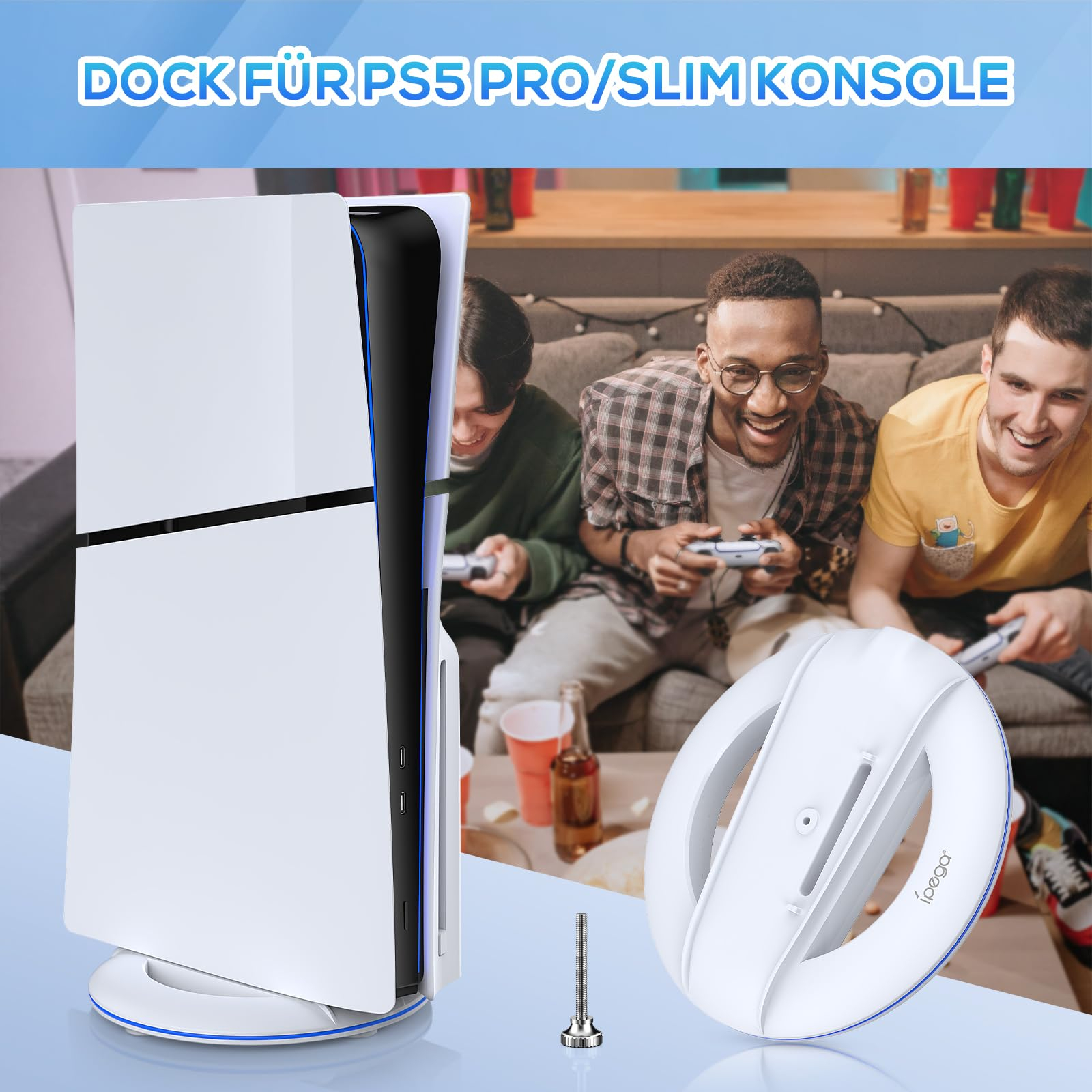 Eine PS5-Konsole mit Dockingstation und zwei spielenden Personen. Dock mit Schraube. Text: Dock für PS5-Konsolen.