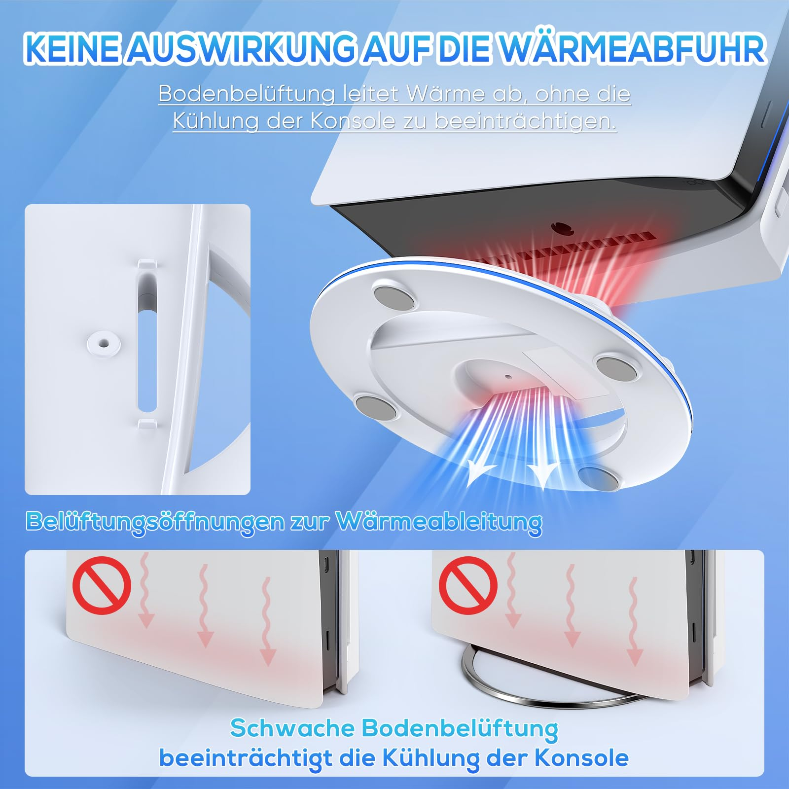 PS5-Konsole mit Luftschlitz-Design. Text erklärt, dass es die Kühlung nicht beeinträchtigt. Luftstromdiagramme zeigen den Prozess.