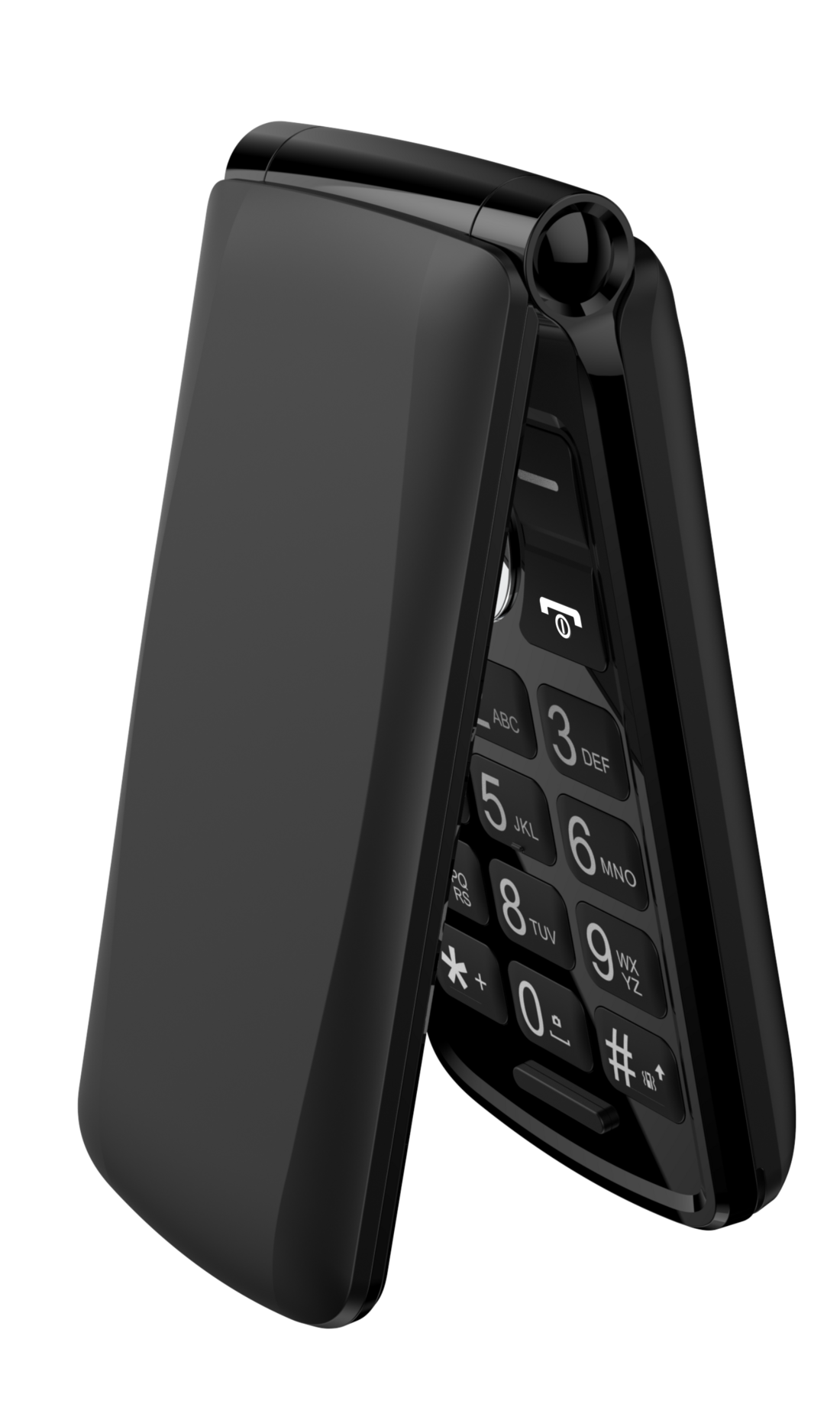 Ein schwarzes Klapphandy, geschlossen. Das Telefon hat einen Bildschirm oben und eine Tastatur auf der unteren Hälfte.