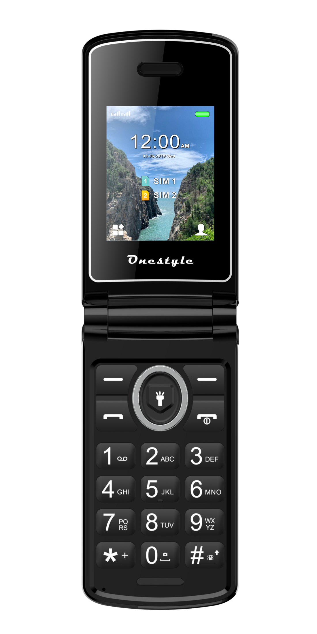 Ein schwarzes Klapphandy, geöffnet, mit einem Bildschirm mit einer Strandszene und Uhrzeit. Das Telefon hat eine Tastatur und Tasten.
