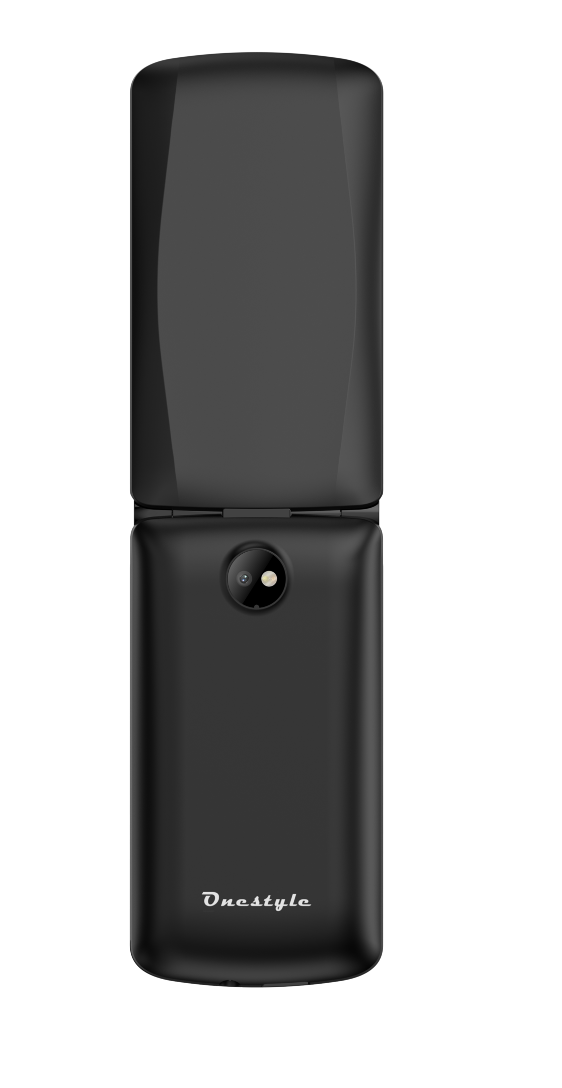 Ein schwarzes Klapphandy, geöffnet. Die Rückseite zeigt eine Kameralinse und das 'Onestyle'-Logo. Das Telefon ist auf weißem Hintergrund.