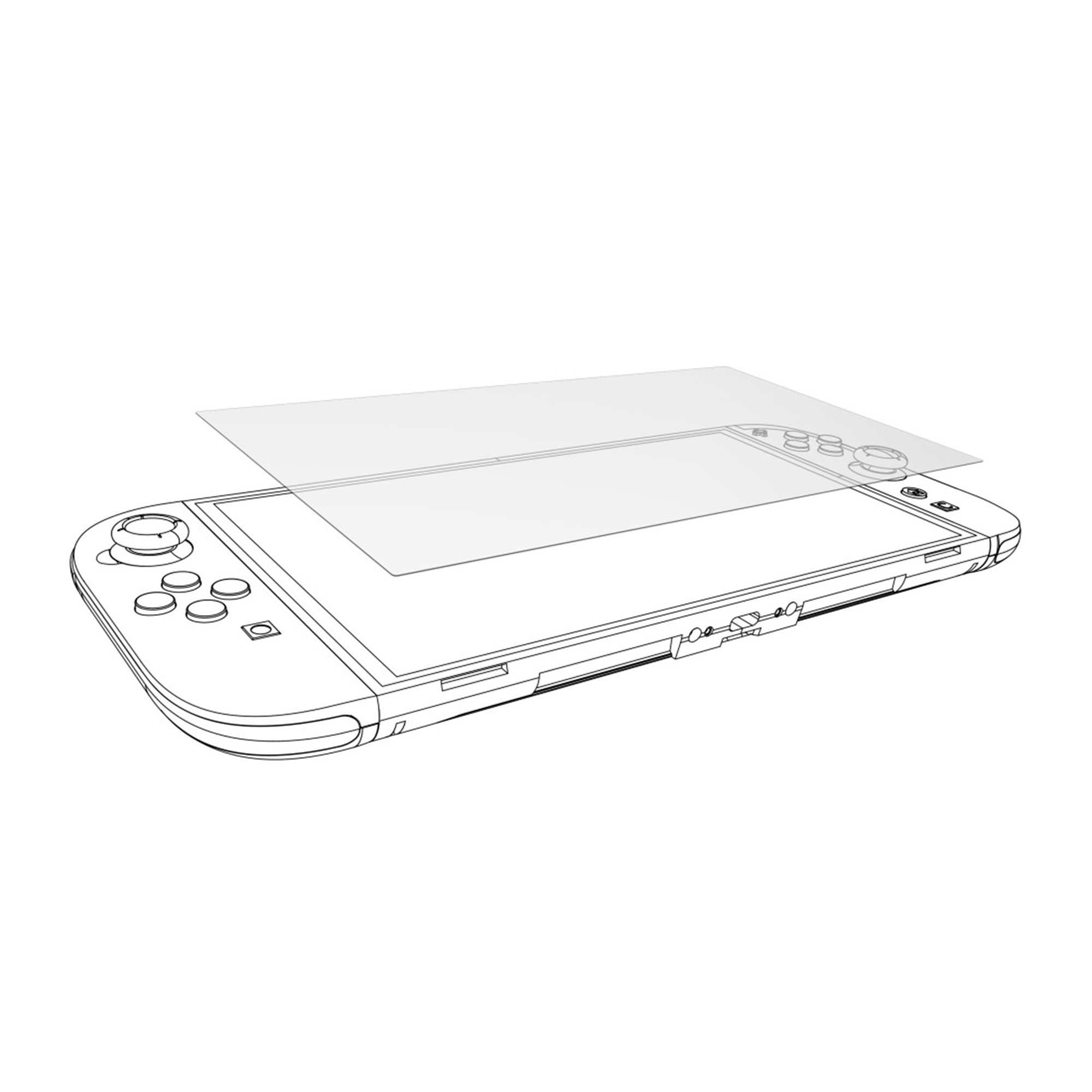 Un disegno al tratto di un Nintendo Switch con una protezione per lo schermo sopra lo schermo.