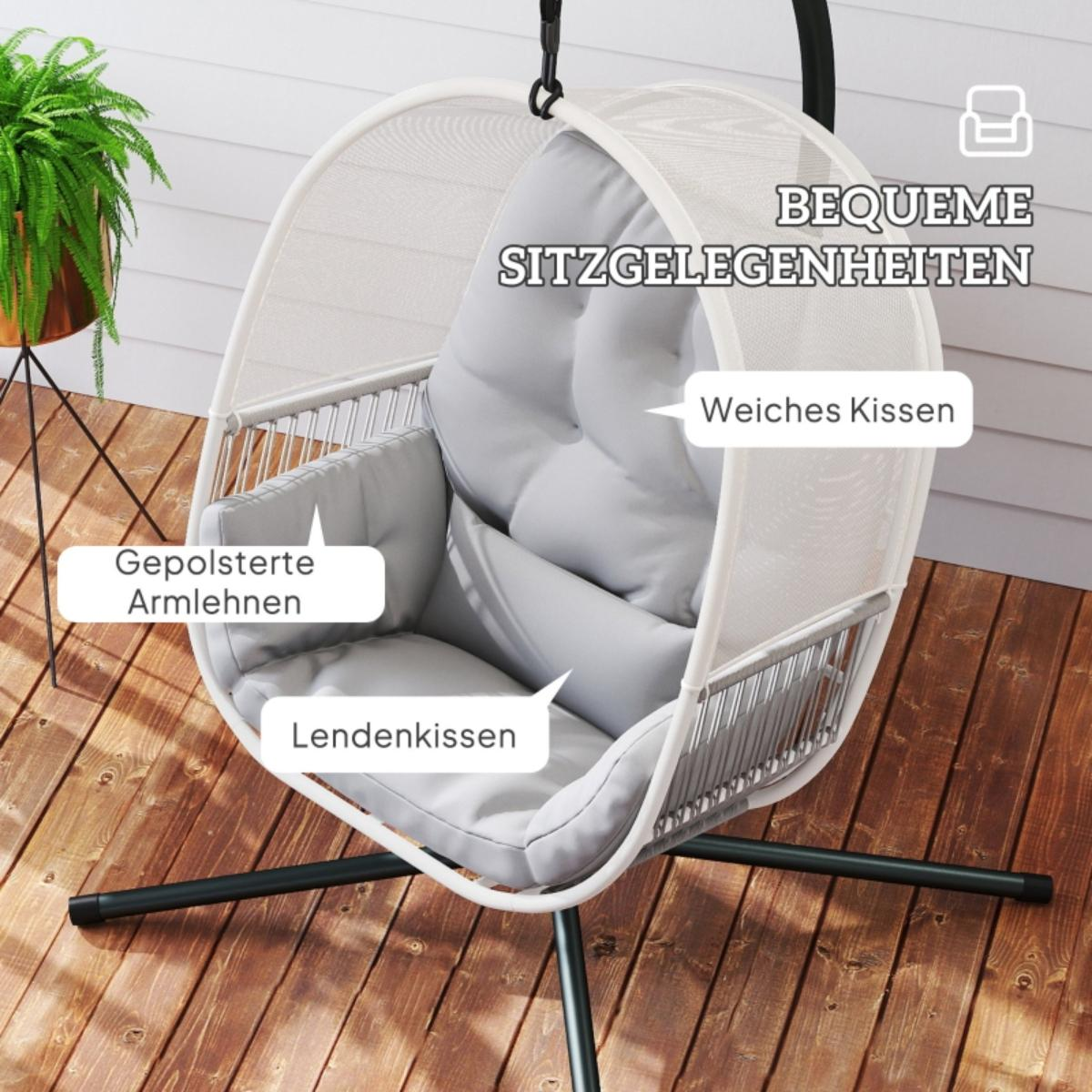 Weißer Hängesessel mit grauen Kissen und Holzboden. Text auf Deutsch beschreibt Merkmale.