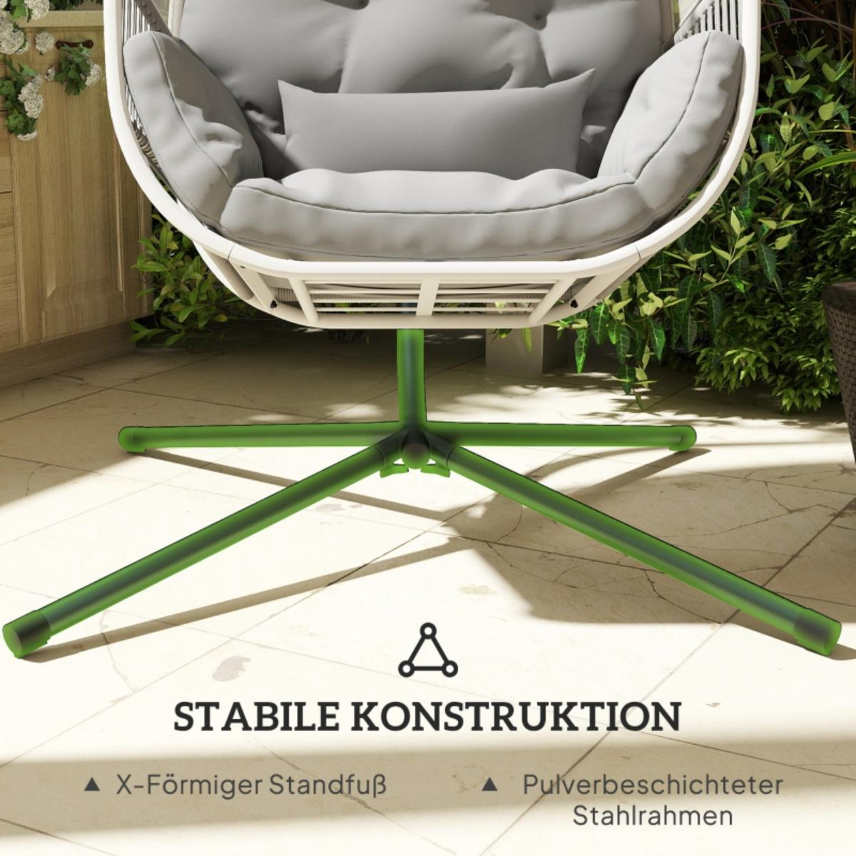 Hängestuhl mit grünem Sockel auf einer gefliesten Terrasse. Text auf Deutsch beschreibt stabile Konstruktion.